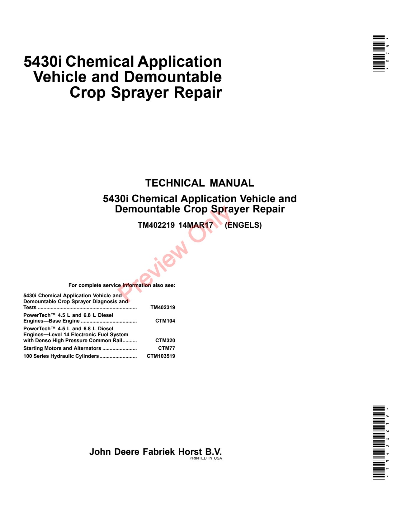 John Deere 5430i Demountable Crop Sprayer Repair Technical Manual TM402219 1 John Deere 5430i Demountable Crop Sprayer Repair Technical Manual TM402219