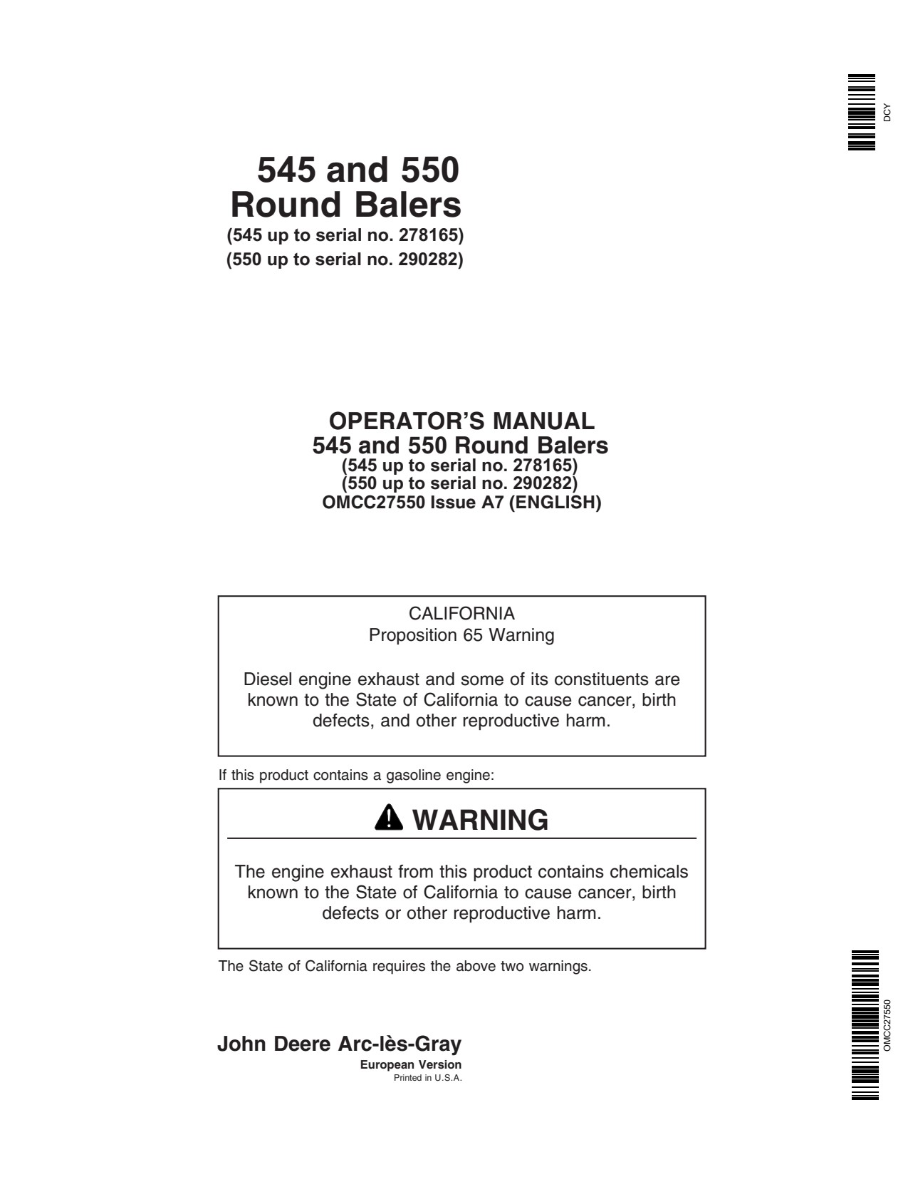 John Deere 545 550 Round Baler Operator Manual OMCC27550 1 John Deere 545 550 Round Baler Operator Manual OMCC27550