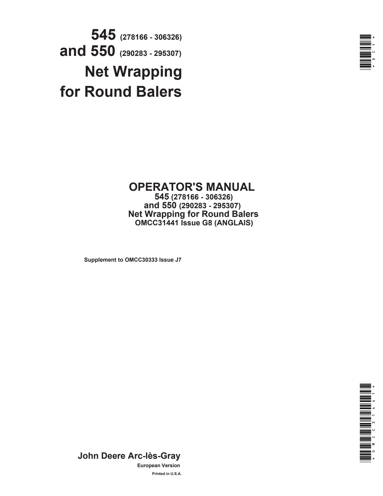 John Deere 545 550 Round Baler Operator Manual OMCC31441 1 John Deere 545 550 Round Baler Operator Manual OMCC31441