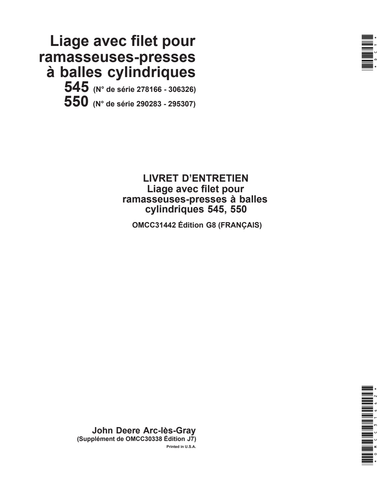 John Deere 545 550 Round Baler Operator Manual OMCC31442 FR 1 John Deere 545 550 Round Baler Operator Manual OMCC31442 FR