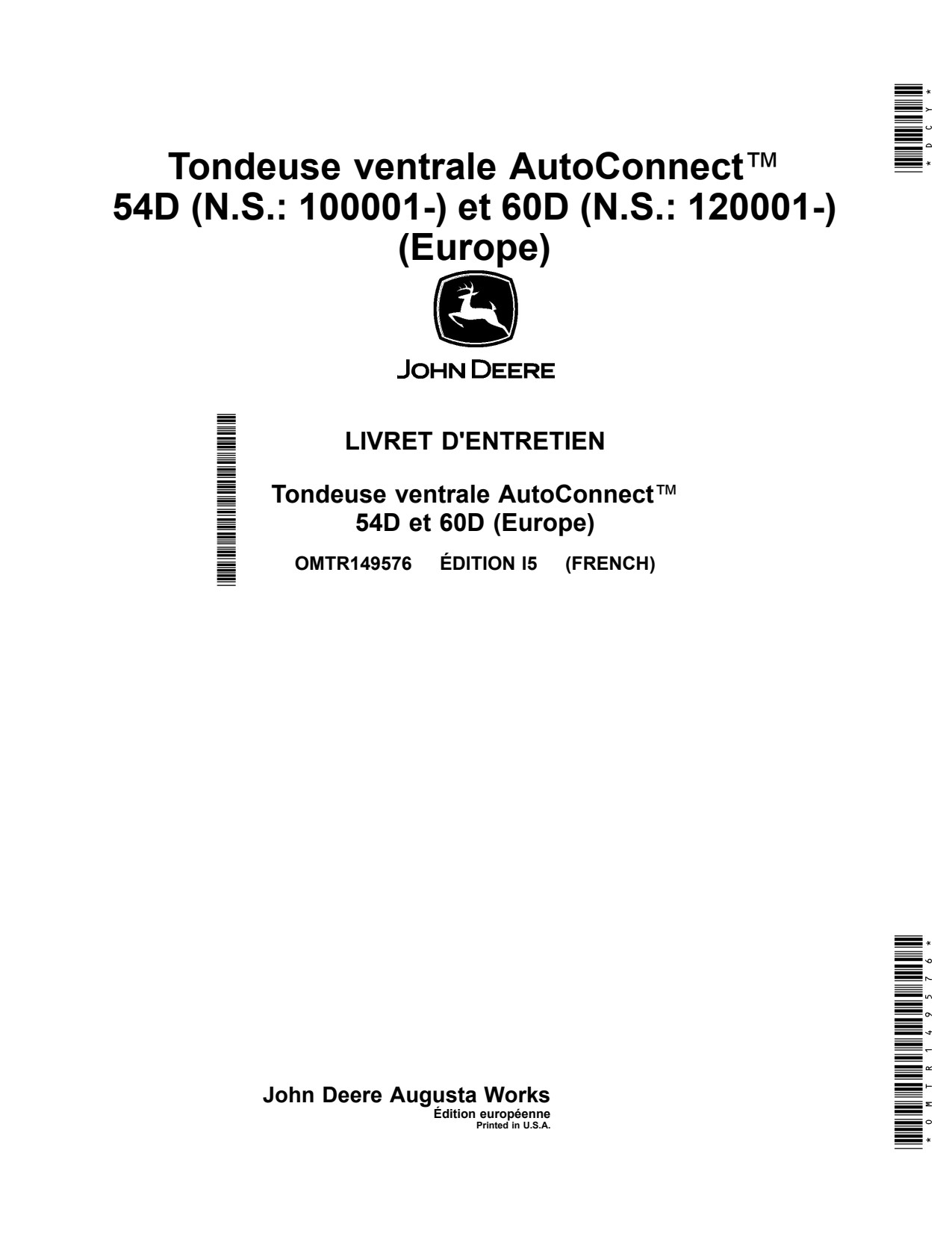 John Deere 54D 60D Mid-mount Mower Operator Manual OMTR149576 FR 1 John Deere 54D 60D Mid-mount Mower Operator Manual OMTR149576 FR