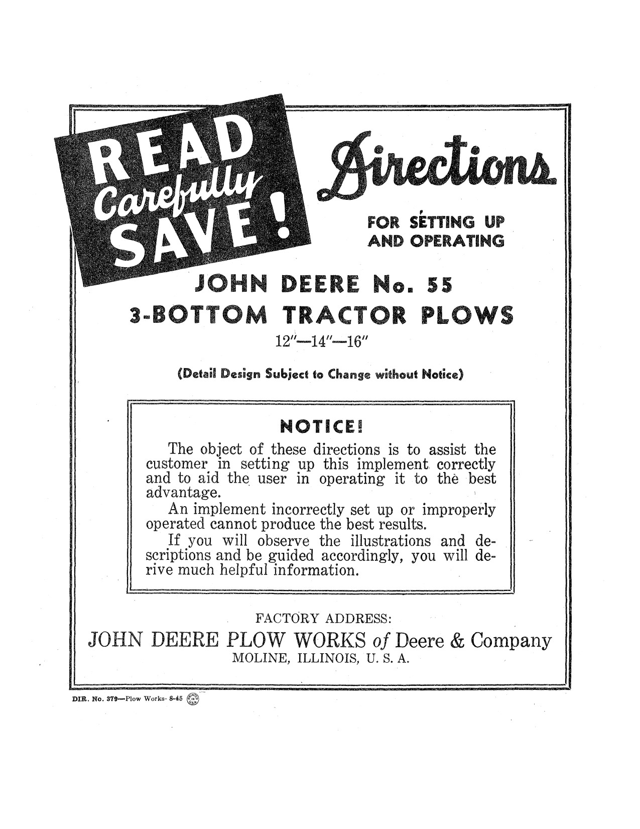 John Deere 55 Three-bottom Tractor Plow Operator Manual DIR379A 1 John Deere 55 Three-bottom Tractor Plow Operator Manual DIR379A