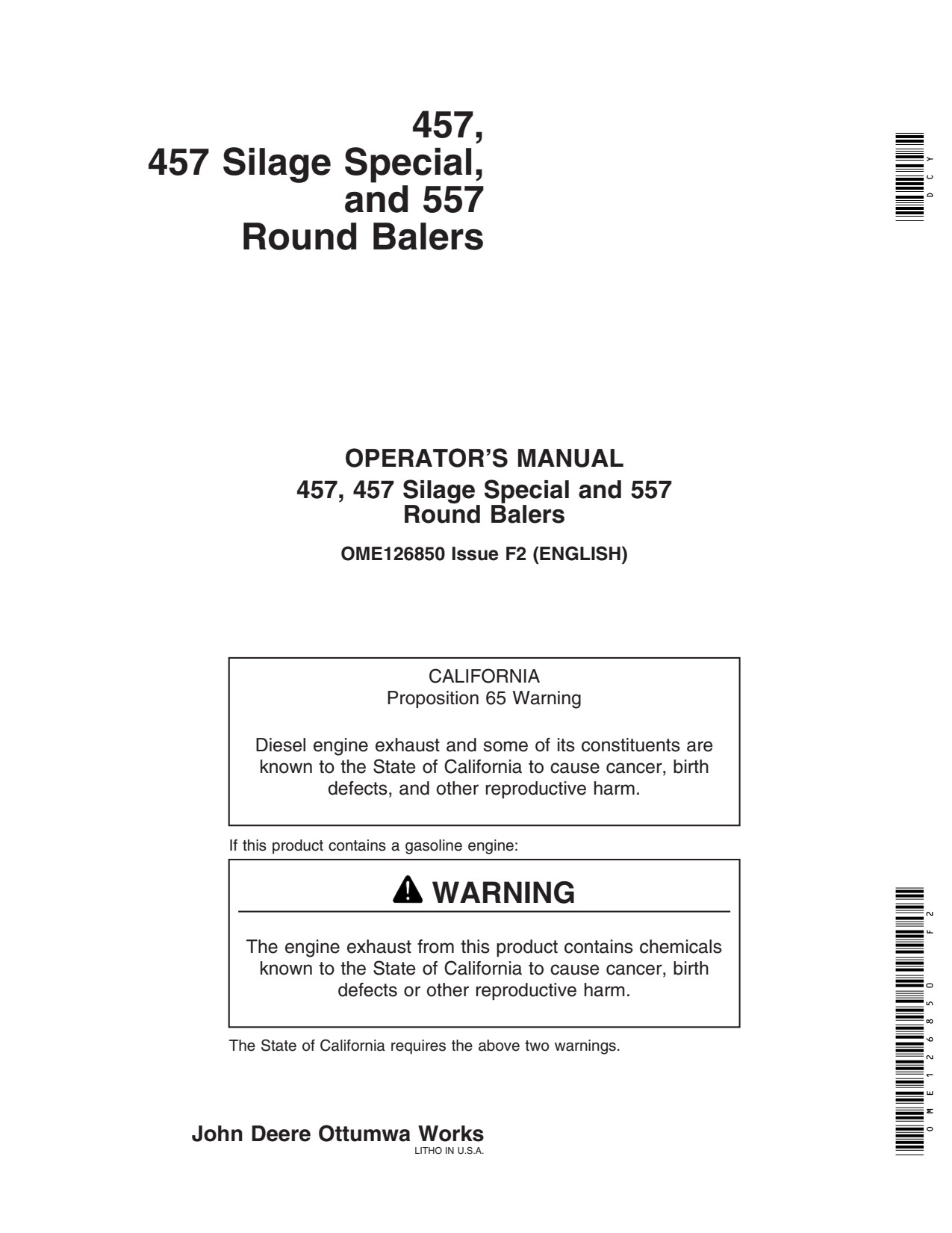 John Deere 557 457 457S Round Baler Operator Manual OME126850 1 John Deere 557 457 457S Round Baler Operator Manual OME126850