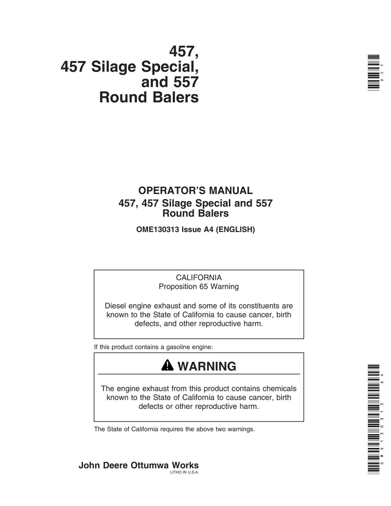 John Deere 557 457 457S Round Baler Operator Manual OME130313 1 John Deere 557 457 457S Round Baler Operator Manual OME130313