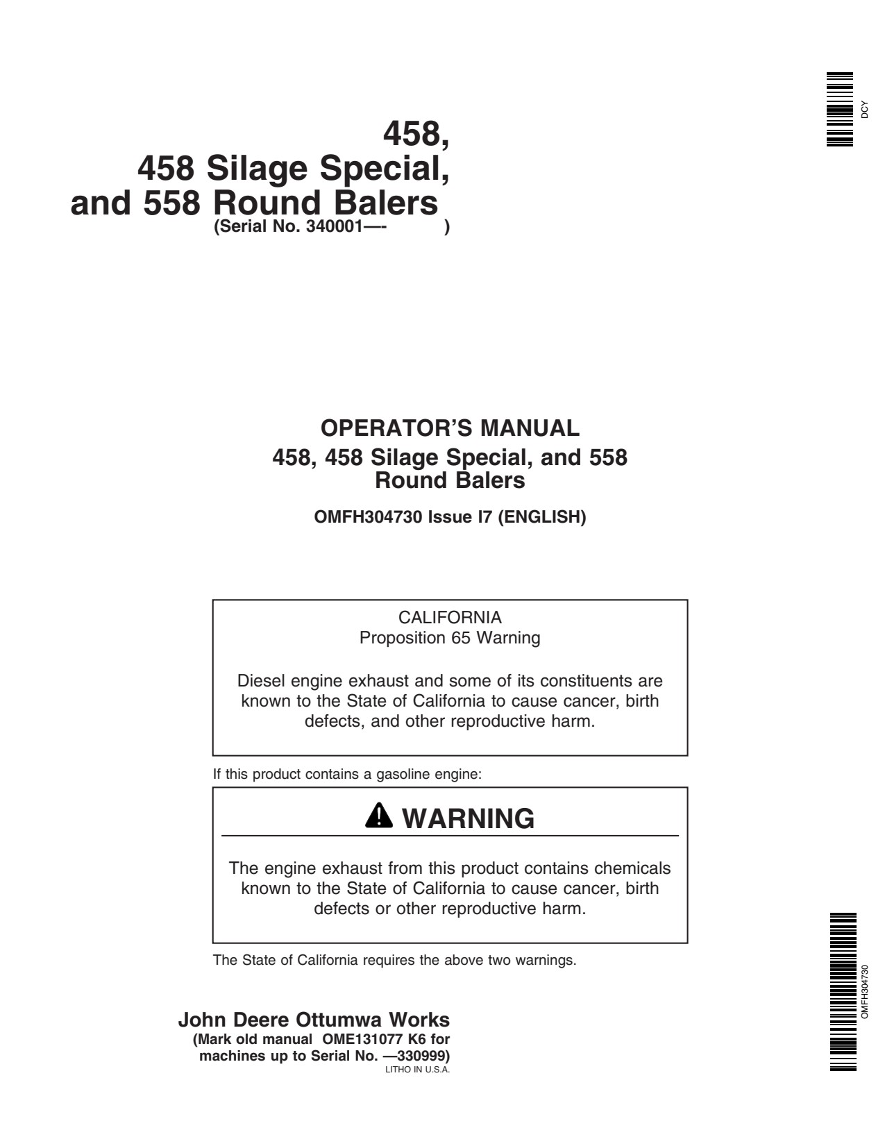John Deere 558 458 Round Baler Operator Manual OMFH304730 1 John Deere 558 458 Round Baler Operator Manual OMFH304730