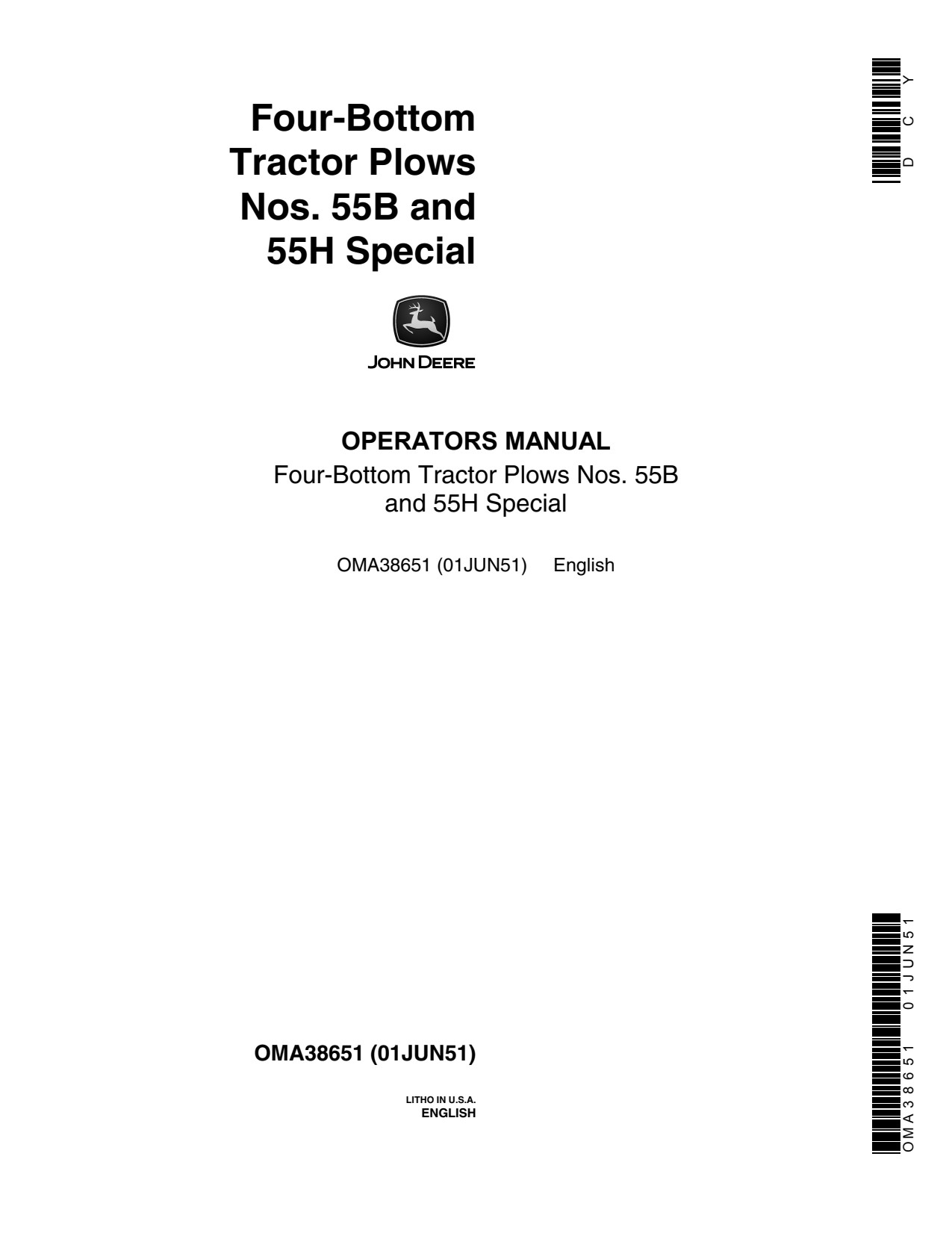 John Deere 55B 55H Four-bottom Tractor Plow Operator Manual OMA38651 1 John Deere 55B 55H Four-bottom Tractor Plow Operator Manual OMA38651
