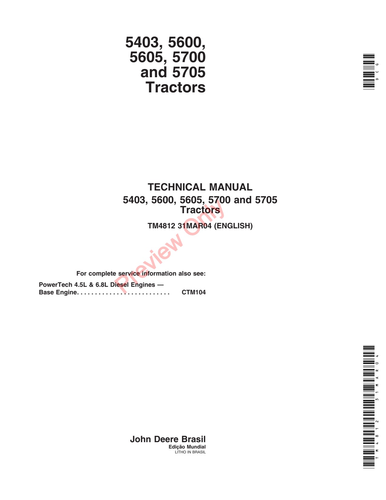 John Deere 5600 5700 5403 5605 5705 Tractor Technical Manual TM4812 1 John Deere 5600 5700 5403 5605 5705 Tractor Technical Manual TM4812