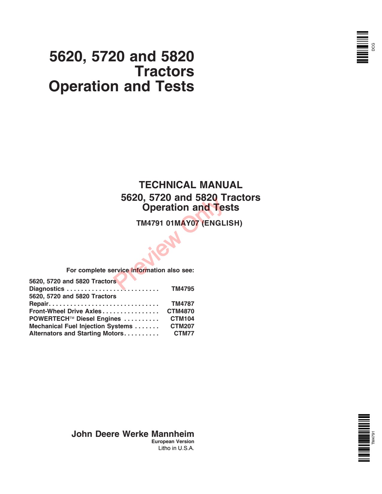 John Deere 5620 to 5820 Tractor Operation Test Technical Manual TM4791 1 John Deere 5620 to 5820 Tractor Operation Test Technical Manual TM4791