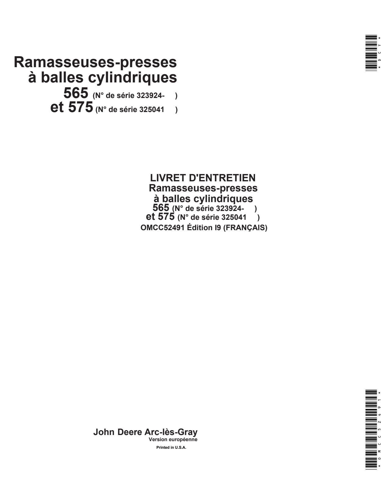 John Deere 565 575 Round Baler Operator Manual OMCC52491 FR 1 John Deere 565 575 Round Baler Operator Manual OMCC52491 FR