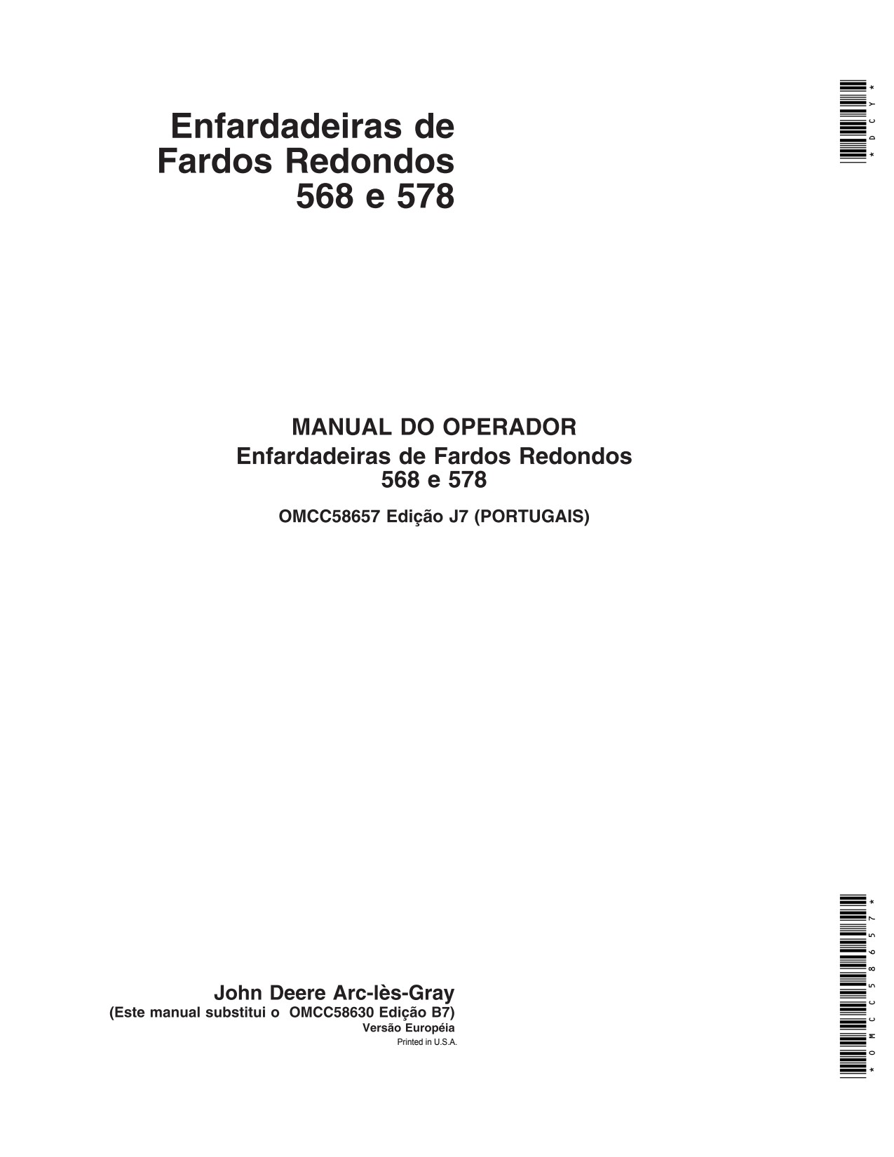John Deere 568 578 Round Baler Operator Manual OMCC58657 PT 1 John Deere 568 578 Round Baler Operator Manual OMCC58657 PT