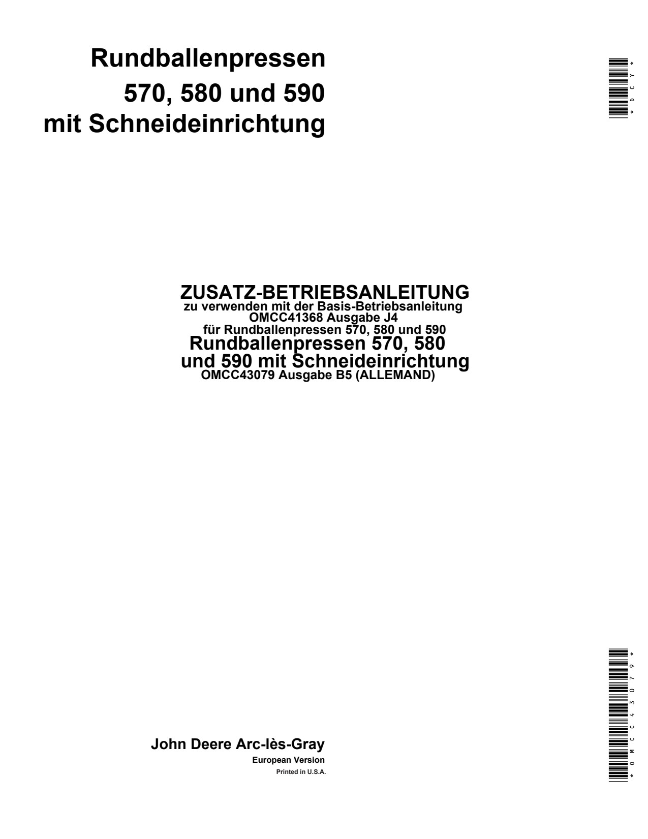 John Deere 570 to 590 Round Baler Operator Manual OMCC43079 DE 1 John Deere 570 to 590 Round Baler Operator Manual OMCC43079 DE