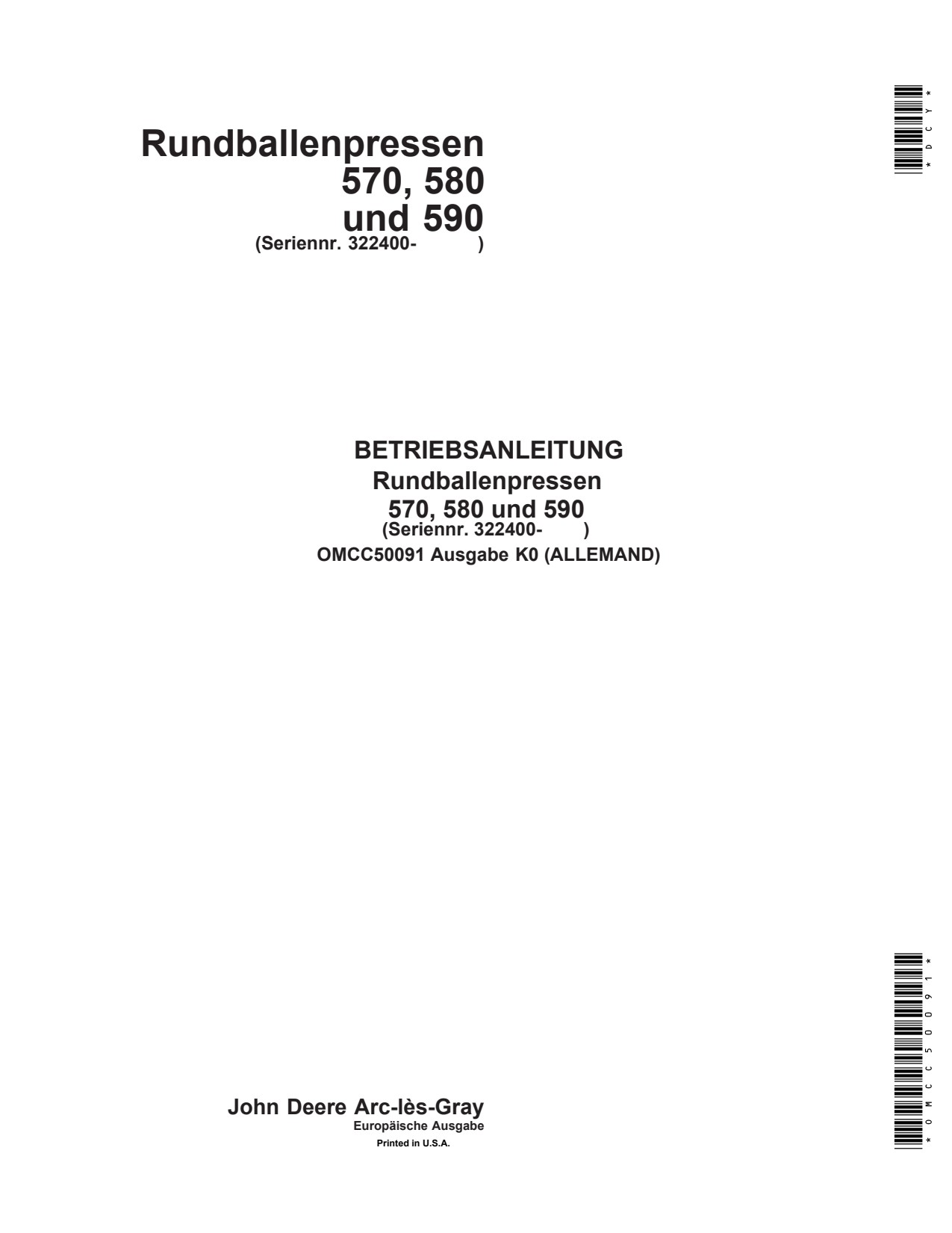 John Deere 570 to 590 Round Baler Operator Manual OMCC50091 DE 1 John Deere 570 to 590 Round Baler Operator Manual OMCC50091 DE