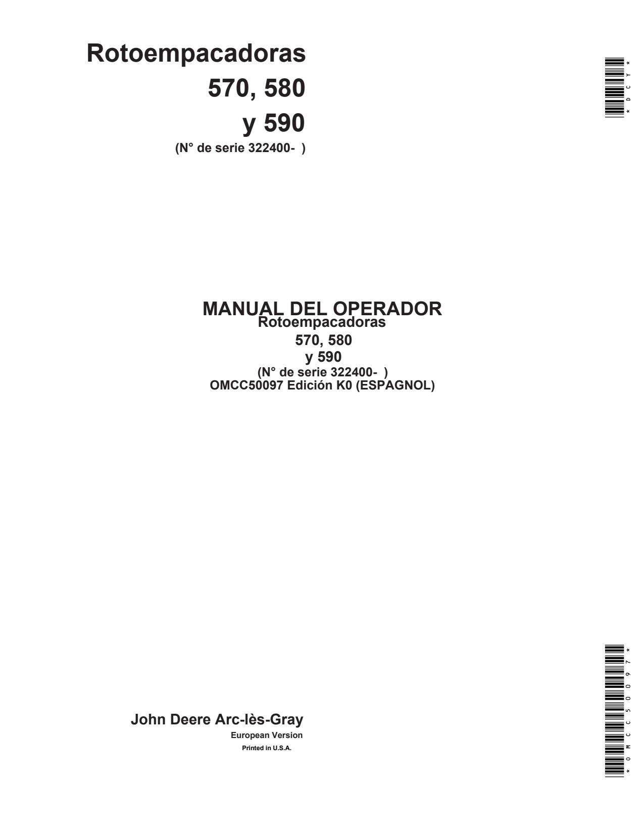 John Deere 570 to 590 Round Baler Operator Manual OMCC50097 ES 1 John Deere 570 to 590 Round Baler Operator Manual OMCC50097 ES