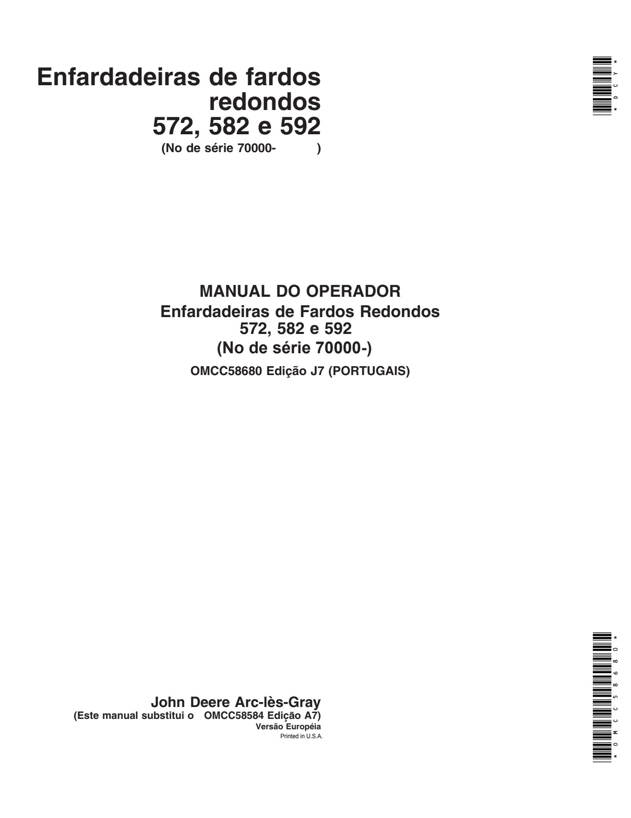John Deere 572 582 605 70000 592 Round Baler Operator Manual OMCC58680 PT 1 John Deere 572 582 605 70000 592 Round Baler Operator Manual OMCC58680 PT