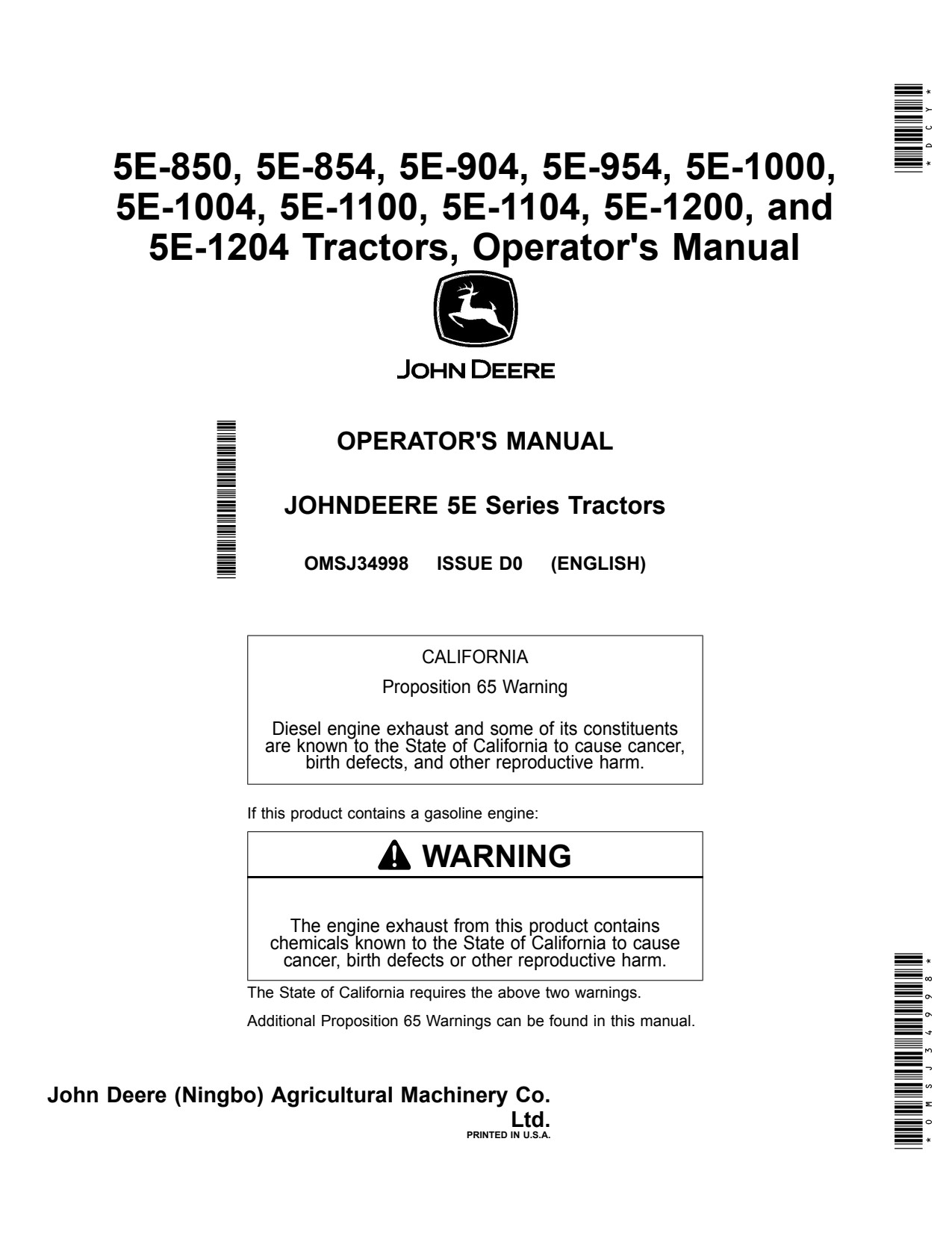 John Deere 5E-850 5E-854 5E-904 5E-954 5E-1000 5E-1004 5E-1100 5E-1104 5E-1200 5E-1204 5E MY2018 Tractor Operator Manual OMSJ34998 1 John Deere 5E-850 5E-854 5E-904 5E-954 5E-1000 5E-1004 5E-1100 5E-1104 5E-1200 5E-1204 5E MY2018 Tractor Operator Manual OMSJ34998