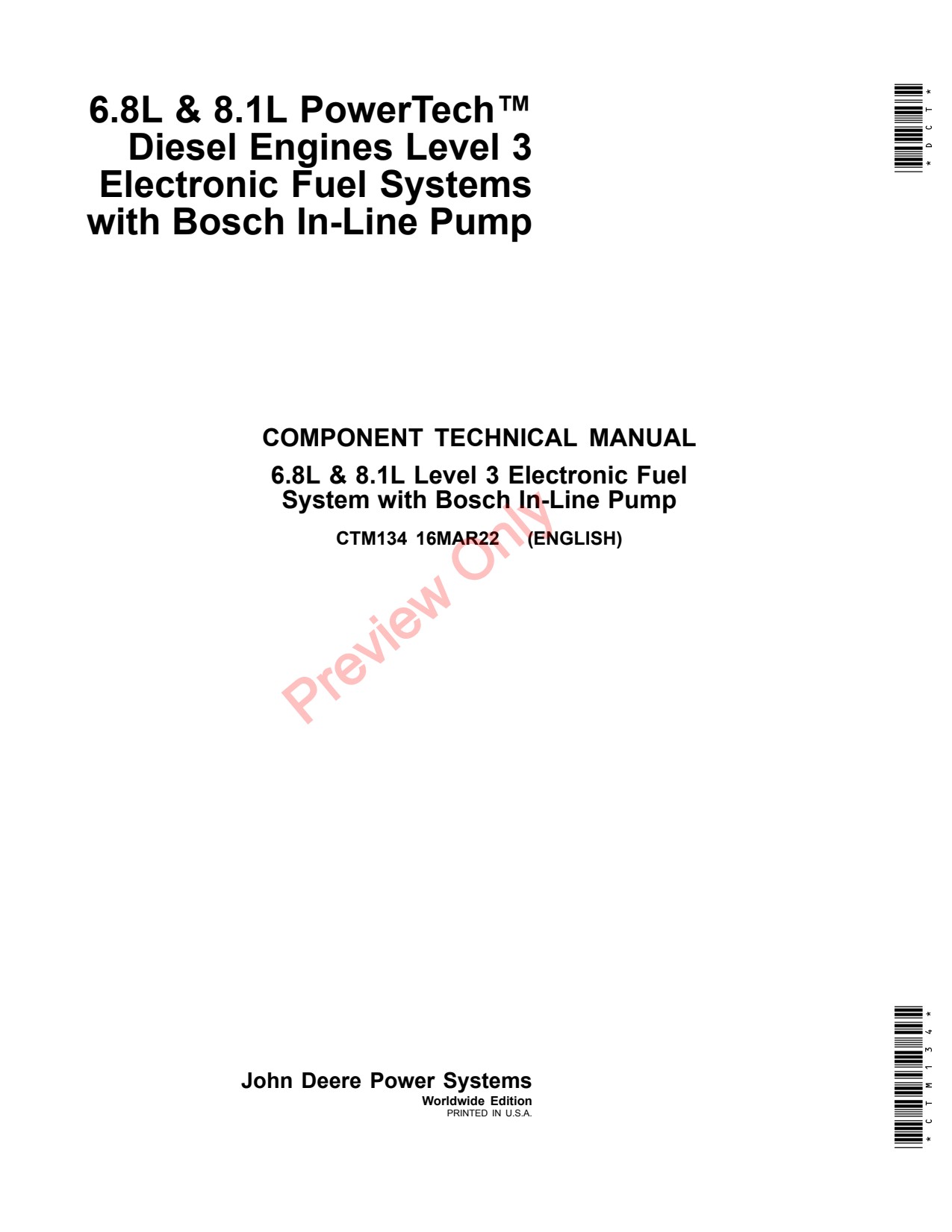 John Deere 6.8L 6068 8.1L 6081 Bosch In-line Pump Component Technical Manual CTM134 1 John Deere 6.8L 6068 8.1L 6081 Bosch In-line Pump Component Technical Manual CTM134
