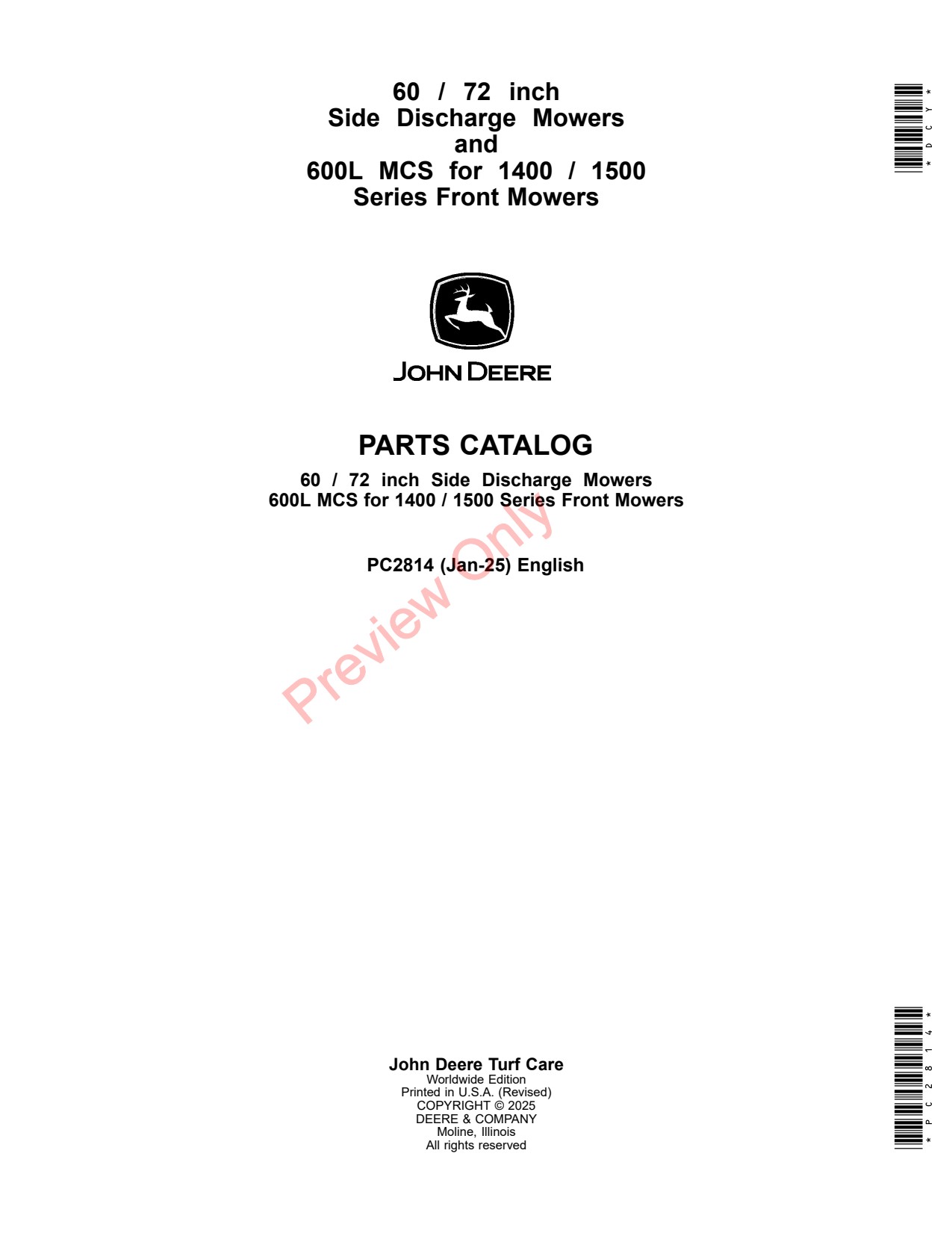 John Deere 60 72 7 Iron 600L MCS600 1400 1500 Side Discharge Mower Parts Catalog PC2814 1 John Deere 60 72 7 Iron 600L MCS600 1400 1500 Side Discharge Mower Parts Catalog PC2814