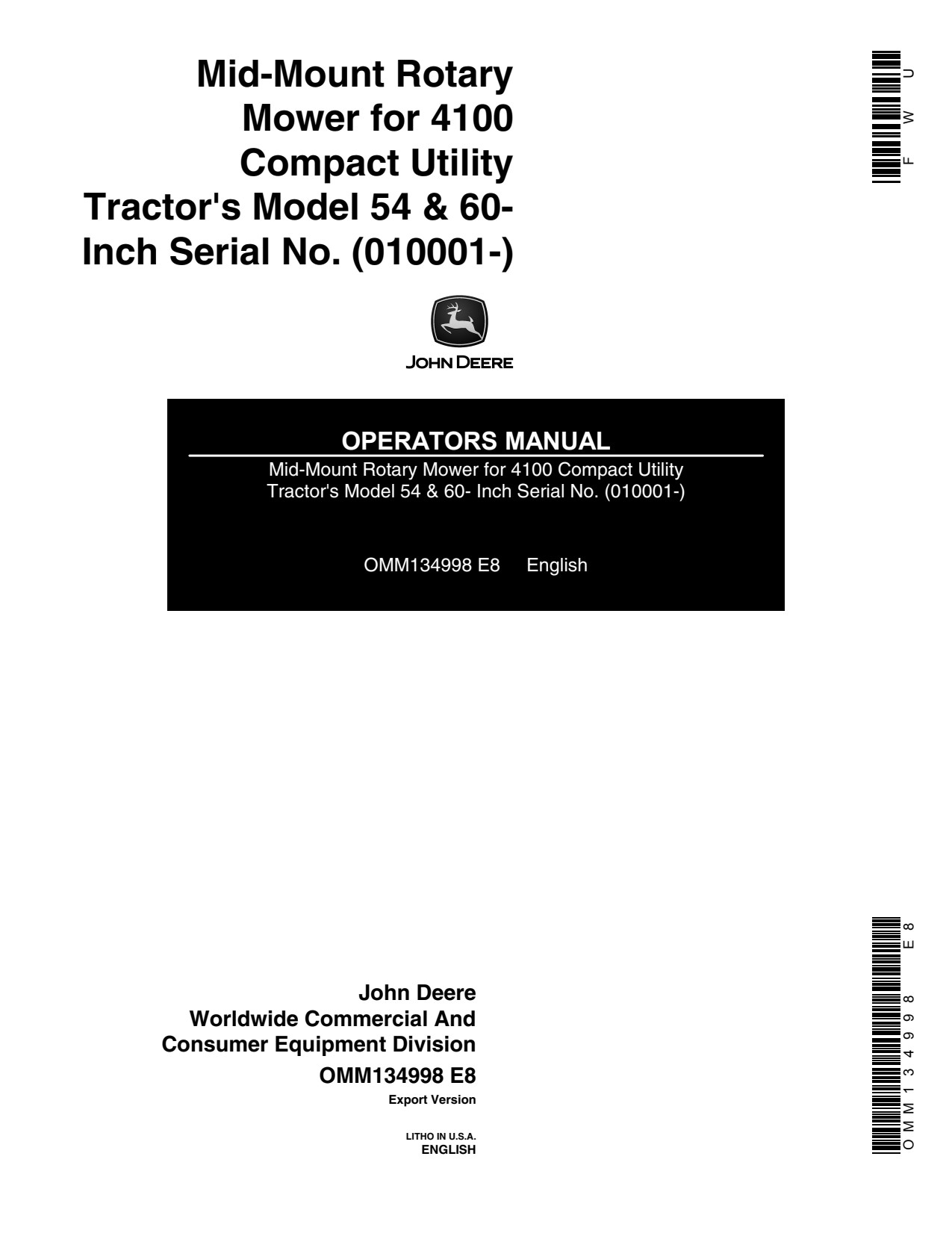 John Deere 60 Inch 4100 54 Compact Utility Tractor Operator Manual OMM134998 1 John Deere 60 Inch 4100 54 Compact Utility Tractor Operator Manual OMM134998