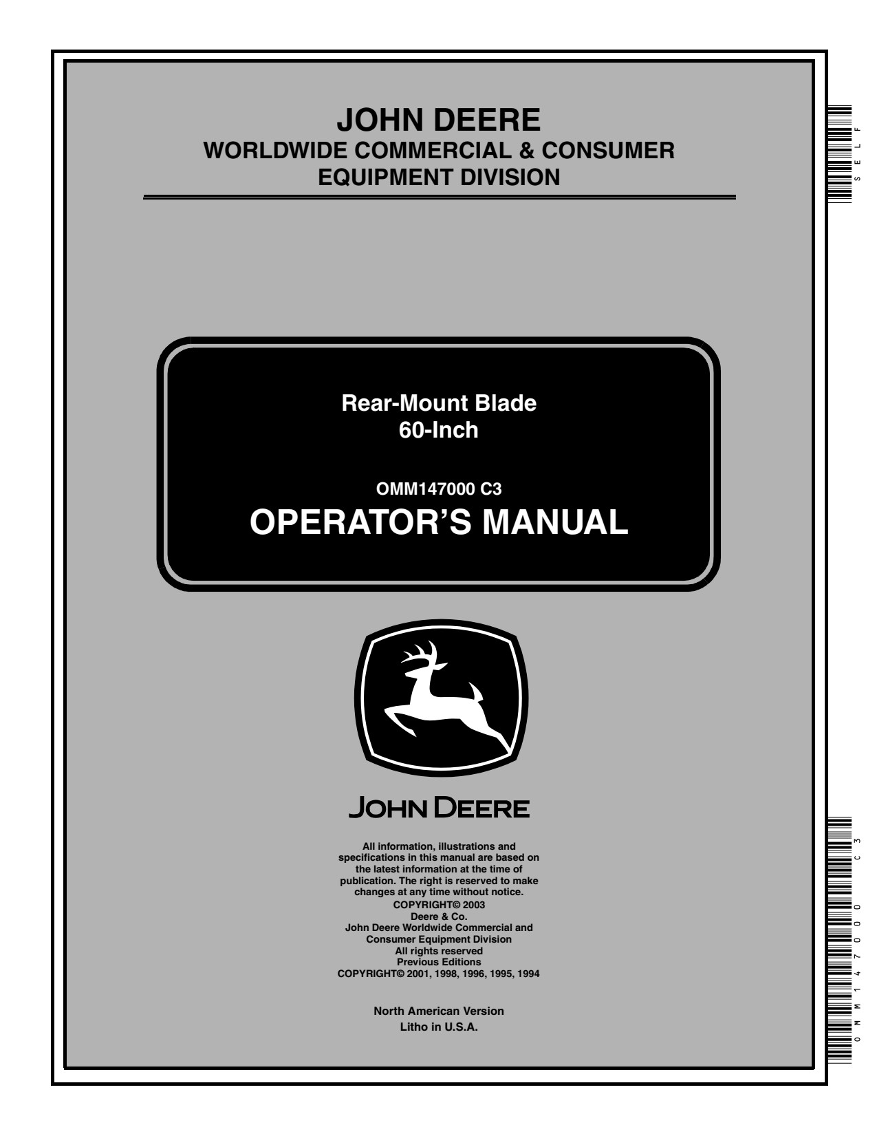 John Deere 60 Inch X465 X575 X475 to X495 X585 X595 Rear Blade Operator Manual OMM147000 1 John Deere 60 Inch X465 X575 X475 to X495 X585 X595 Rear Blade Operator Manual OMM147000