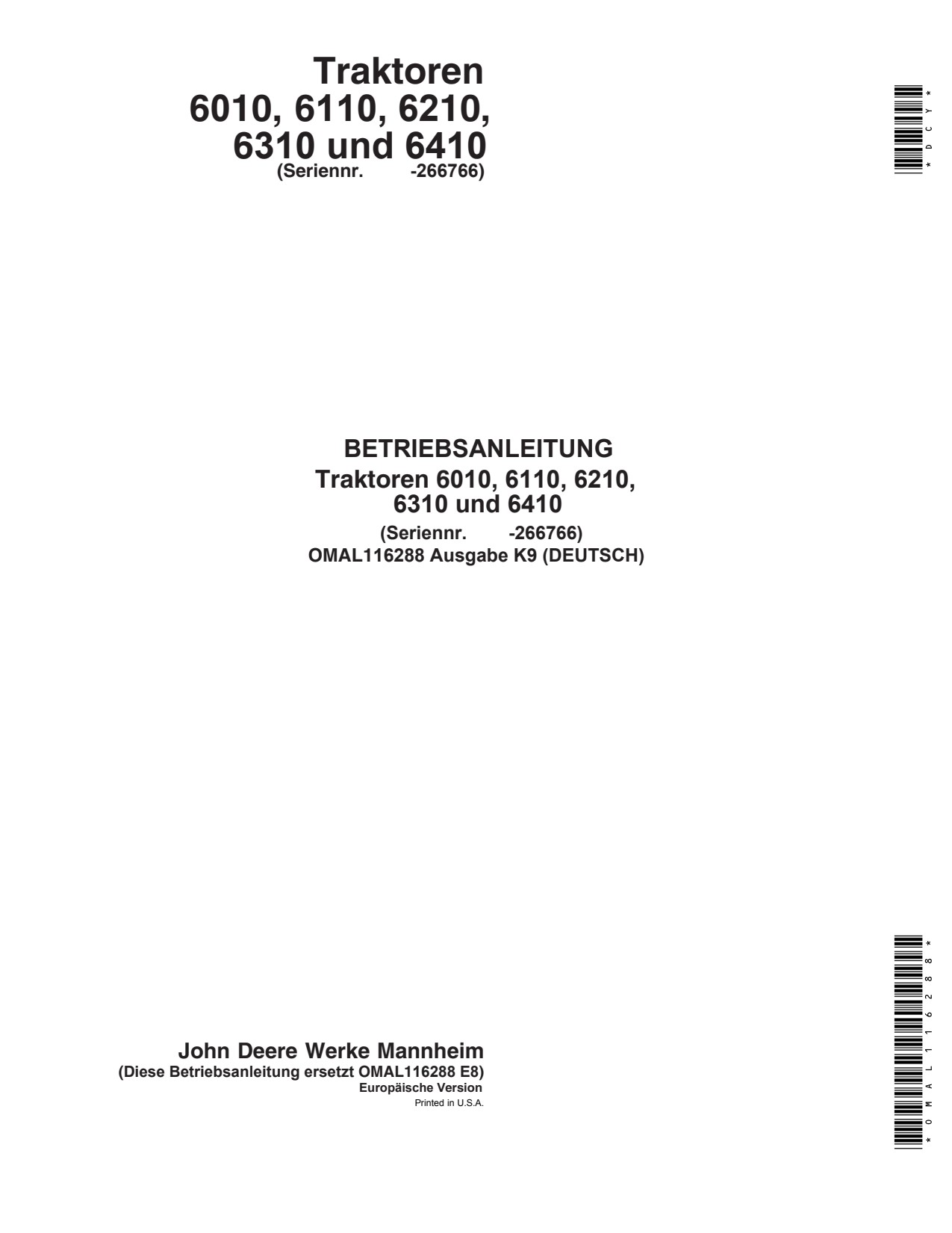 John Deere 6010 to 6410 Tractor Operator Manual OMAL116288 DE 1 John Deere 6010 to 6410 Tractor Operator Manual OMAL116288 DE