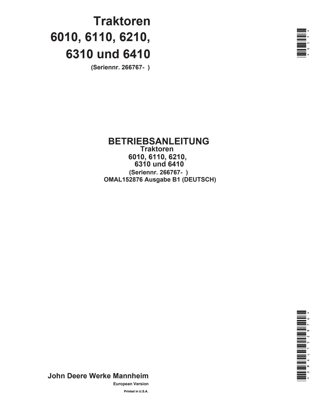 John Deere 6010 to 6410 Tractor Operator Manual OMAL152876 DE 1 John Deere 6010 to 6410 Tractor Operator Manual OMAL152876 DE