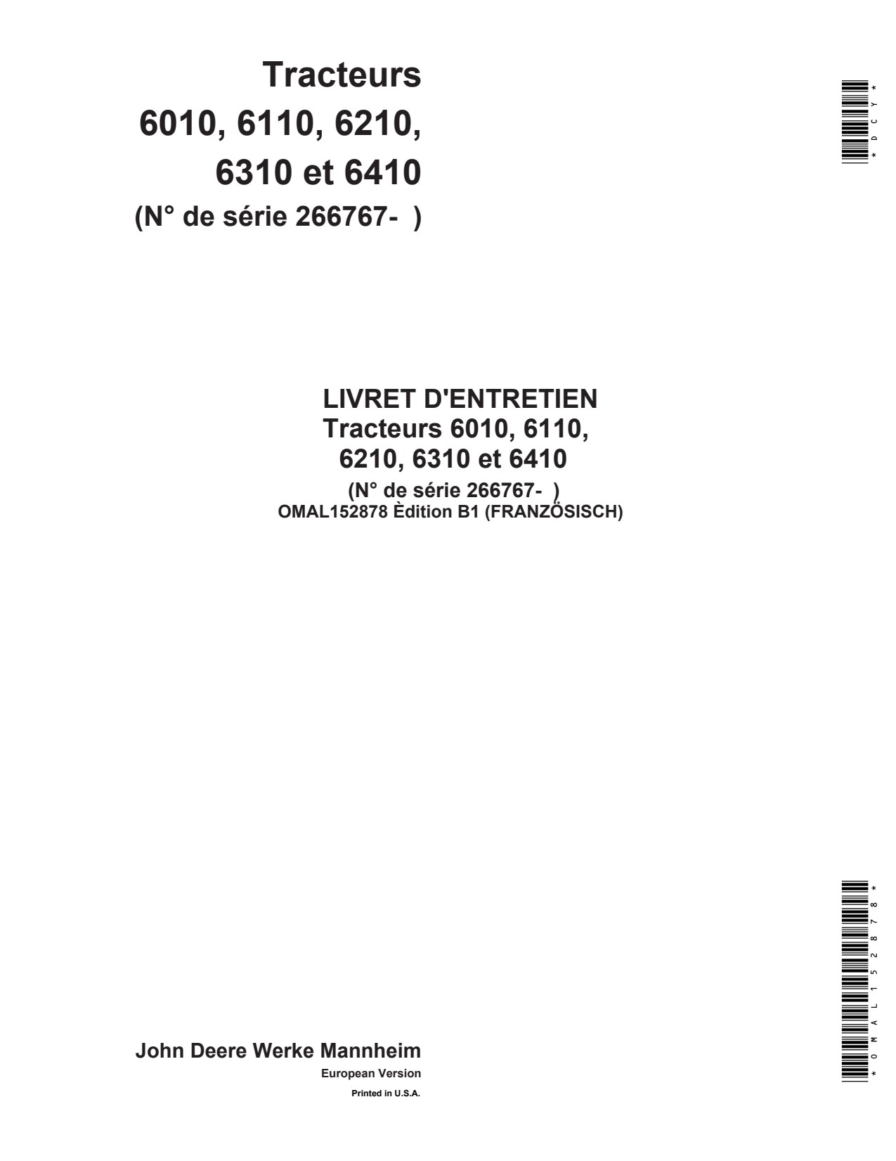 John Deere 6010 to 6410 Tractor Operator Manual OMAL152878 FR 1 John Deere 6010 to 6410 Tractor Operator Manual OMAL152878 FR