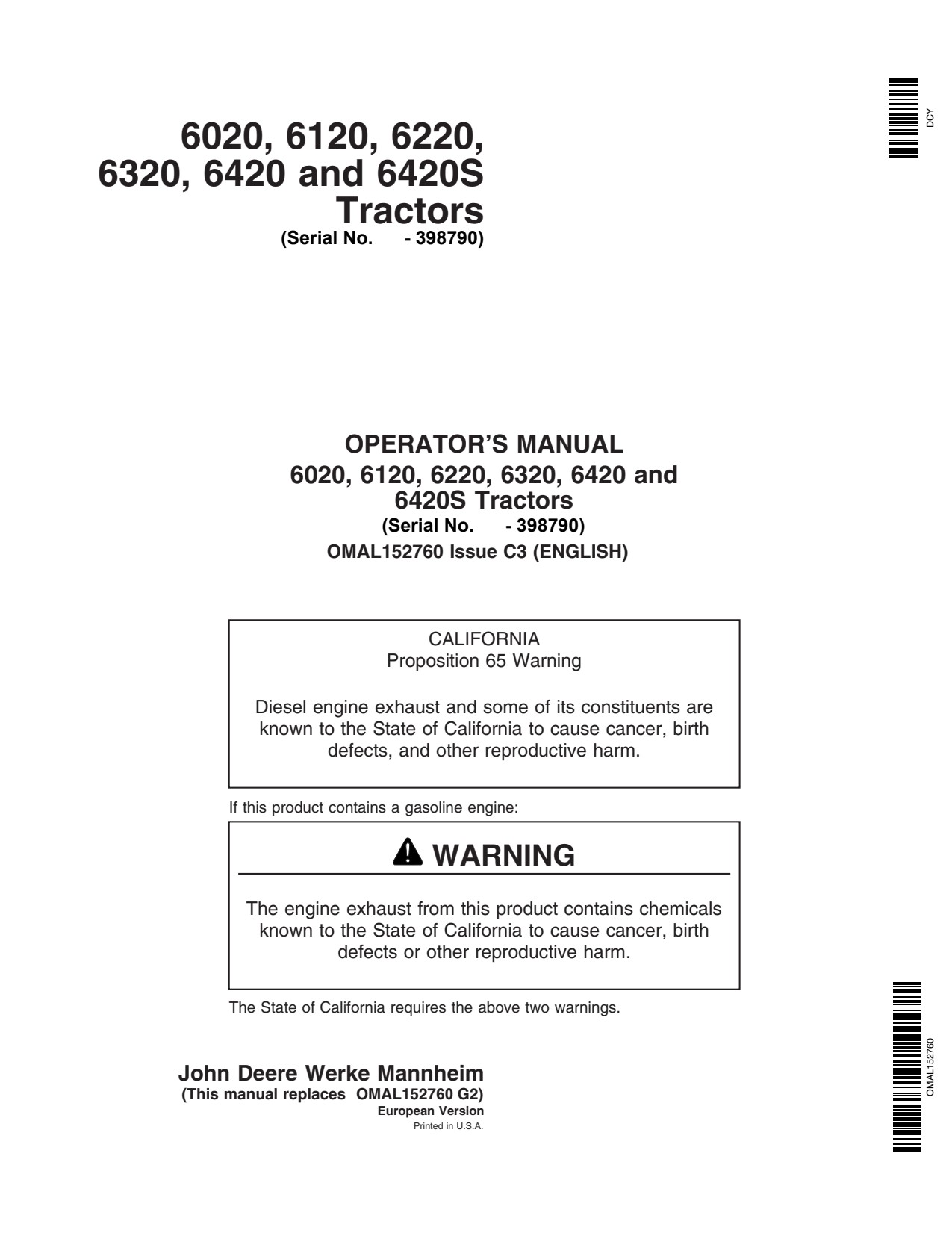 John Deere 6020 to 6420 6420S Tractor Operator Manual OMAL152760 1 John Deere 6020 to 6420 6420S Tractor Operator Manual OMAL152760