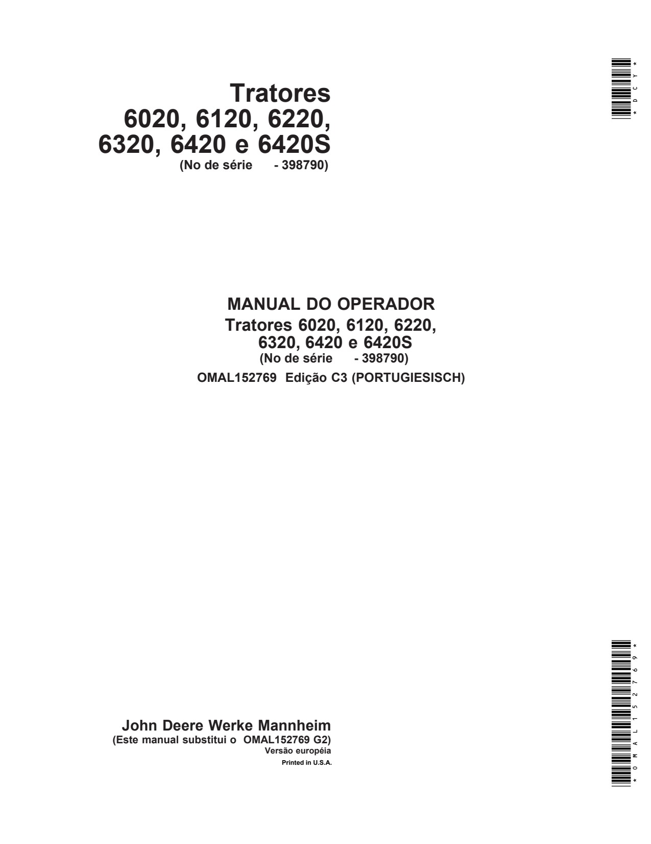 John Deere 6020 to 6420 6420S Tractor Operator Manual OMAL152769 PT 1 John Deere 6020 to 6420 6420S Tractor Operator Manual OMAL152769 PT