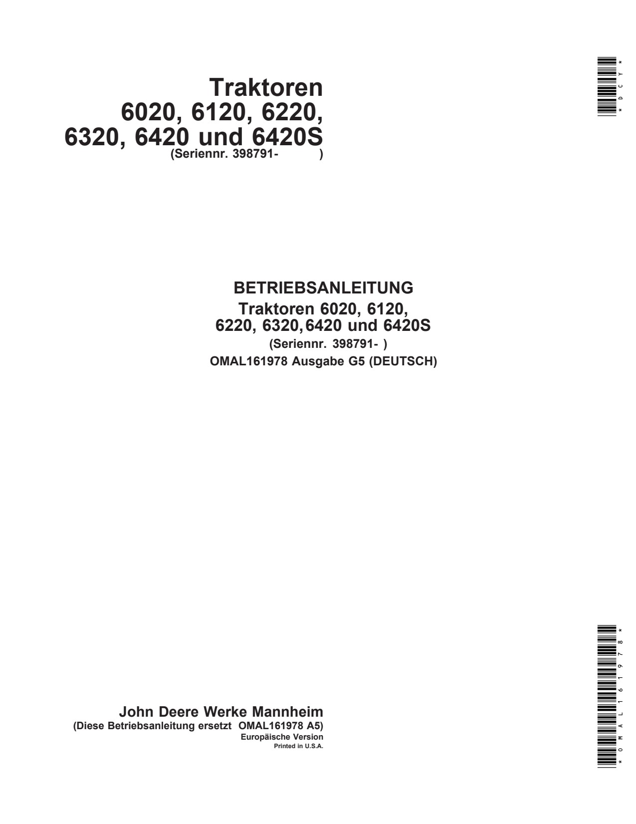 John Deere 6020 to 6420 6420S Tractor Operator Manual OMAL161978 DE 1 John Deere 6020 to 6420 6420S Tractor Operator Manual OMAL161978 DE
