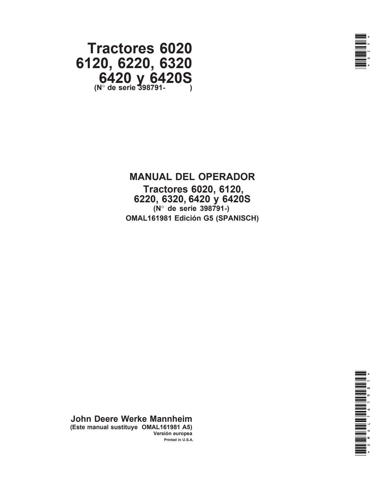 John Deere 6020 to 6420 6420S Tractor Operator Manual OMAL161981 ES 1 John Deere 6020 to 6420 6420S Tractor Operator Manual OMAL161981 ES
