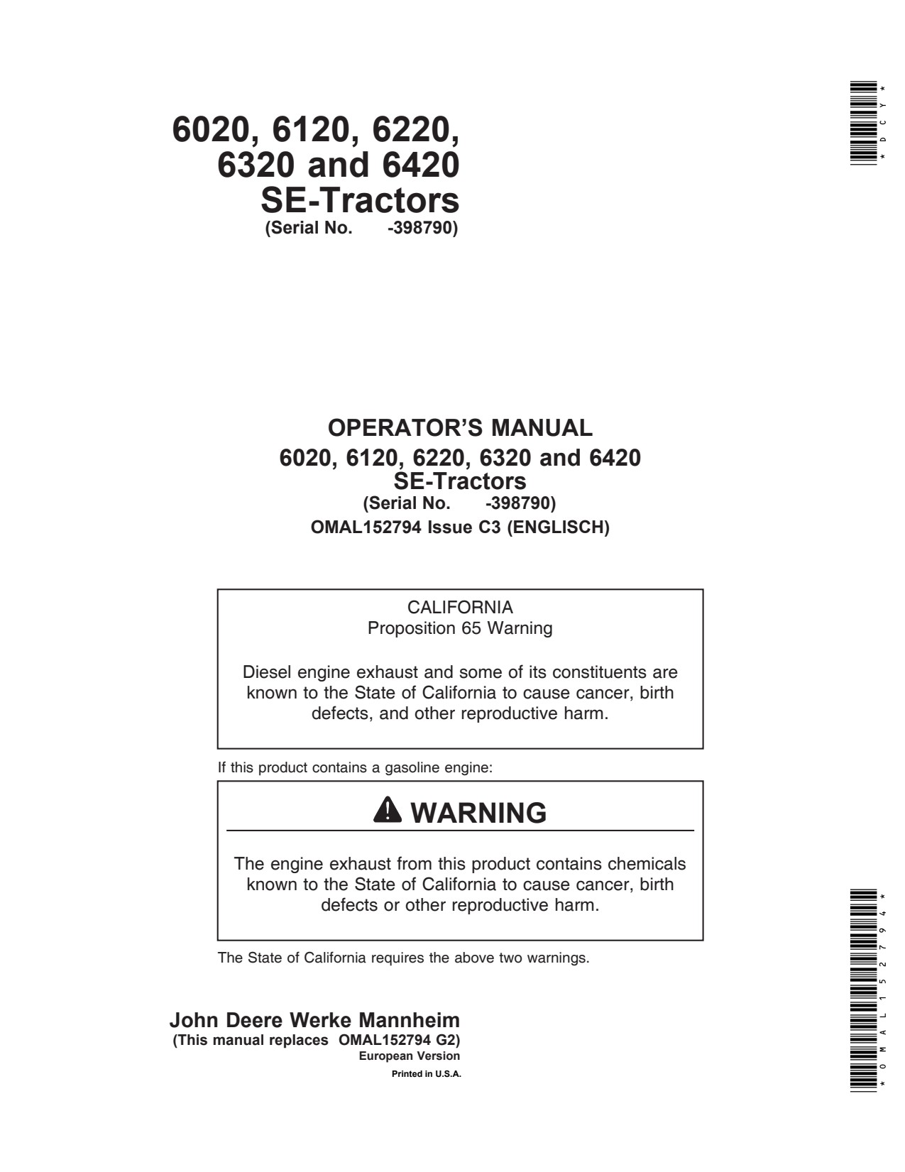 John Deere 6020SE 6120SE 6220SE 6320SE 6420SE Tractor Operator Manual OMAL152794 1 John Deere 6020SE 6120SE 6220SE 6320SE 6420SE Tractor Operator Manual OMAL152794