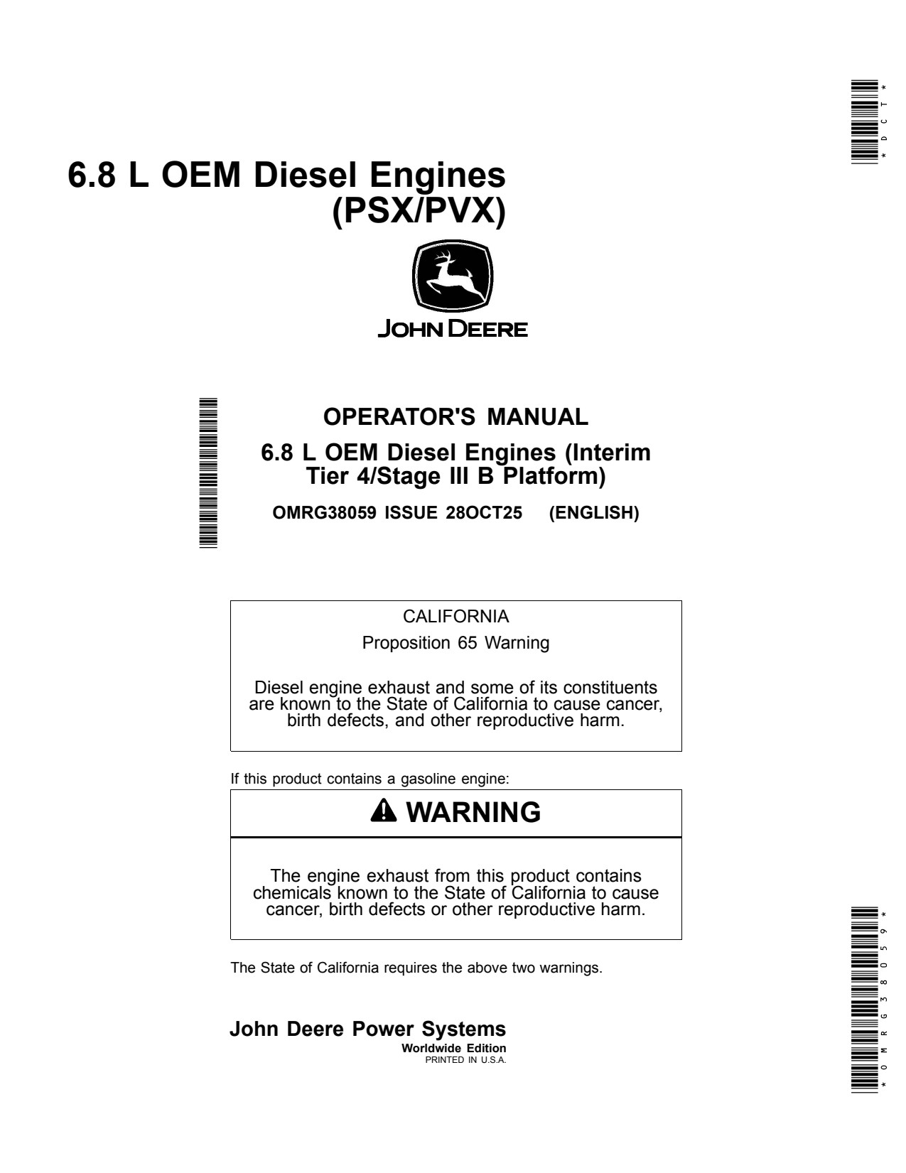 John Deere 6068 6.8L 6068HFC93 6068HFC94 6068HFC95 6068HFG94 6068HFG95 Marine Diesel Engine Operator Manual OMRG38059 1 John Deere 6068 6.8L 6068HFC93 6068HFC94 6068HFC95 6068HFG94 6068HFG95 Marine Diesel Engine Operator Manual OMRG38059
