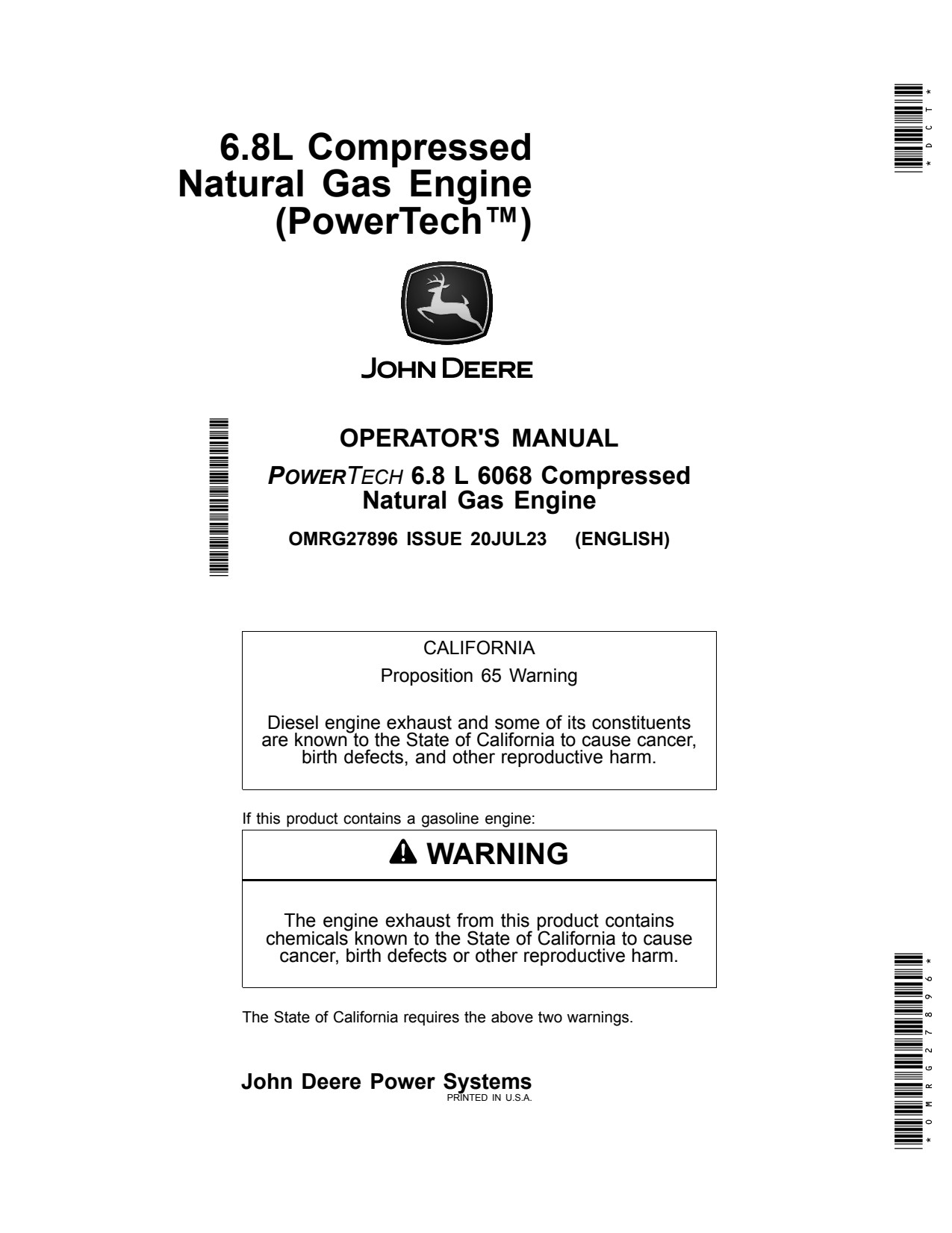 John Deere 6068 6.8L Natural Gas Engine Operator Manual OMRG27896 1 John Deere 6068 6.8L Natural Gas Engine Operator Manual OMRG27896