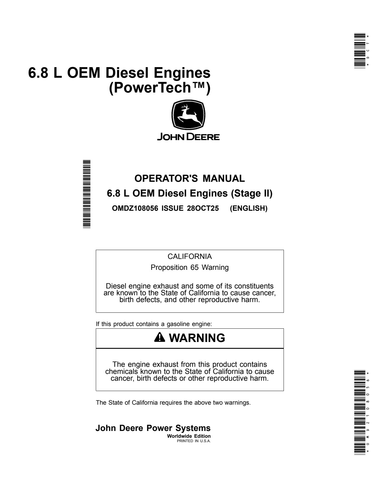 John Deere 6068 6.8L OEM Diesel Engine Operator Manual OMDZ108056 1 John Deere 6068 6.8L OEM Diesel Engine Operator Manual OMDZ108056