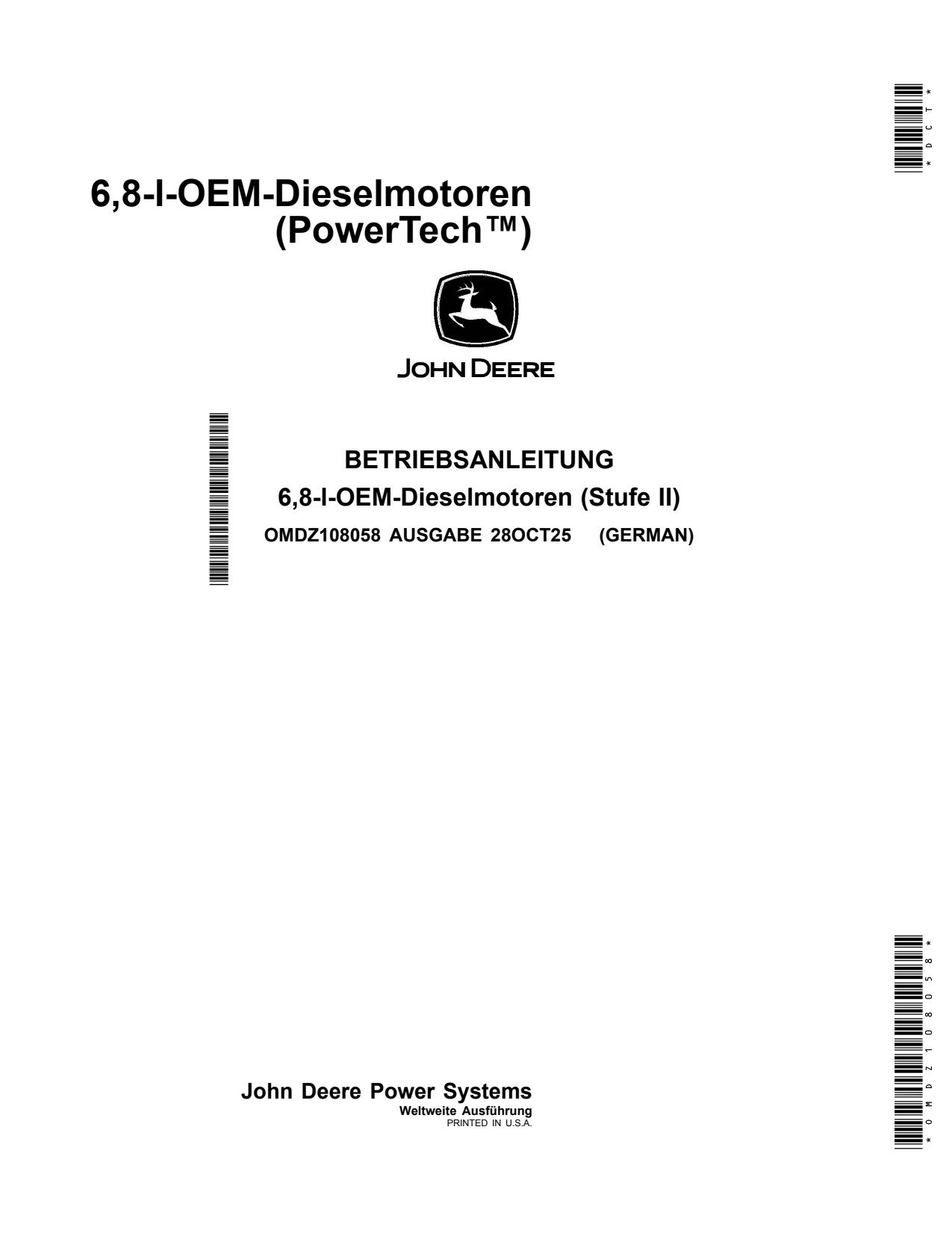 John Deere 6068 6.8L OEM Diesel Engine Operator Manual OMDZ108058 DE 1 John Deere 6068 6.8L OEM Diesel Engine Operator Manual OMDZ108058 DE