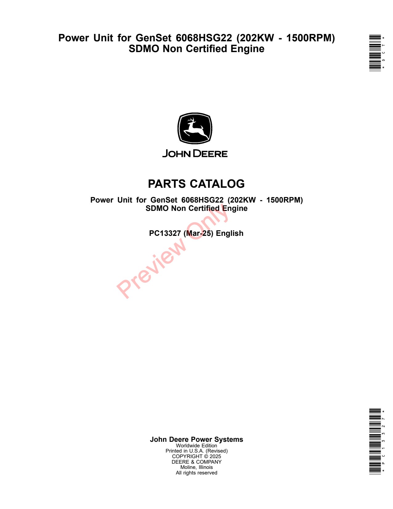 John Deere 6068HSG22 202KW 1500RPM Non Certified Engine Parts Catalog PC13327 1 John Deere 6068HSG22 202KW 1500RPM Non Certified Engine Parts Catalog PC13327