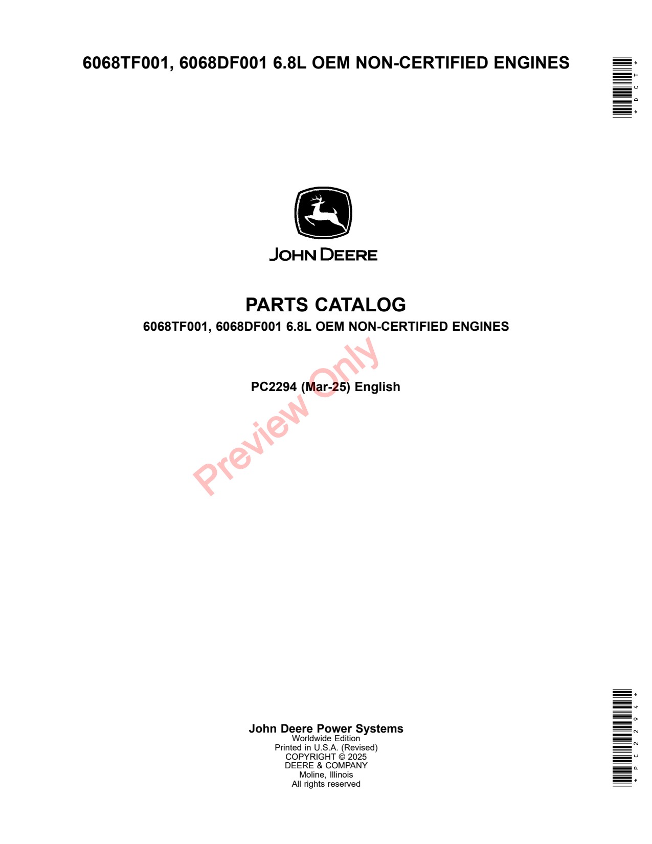 John Deere 6068TF001 6068DF001 8L OEM Non-certified Engine Parts Catalog PC2294 1 John Deere 6068TF001 6068DF001 8L OEM Non-certified Engine Parts Catalog PC2294