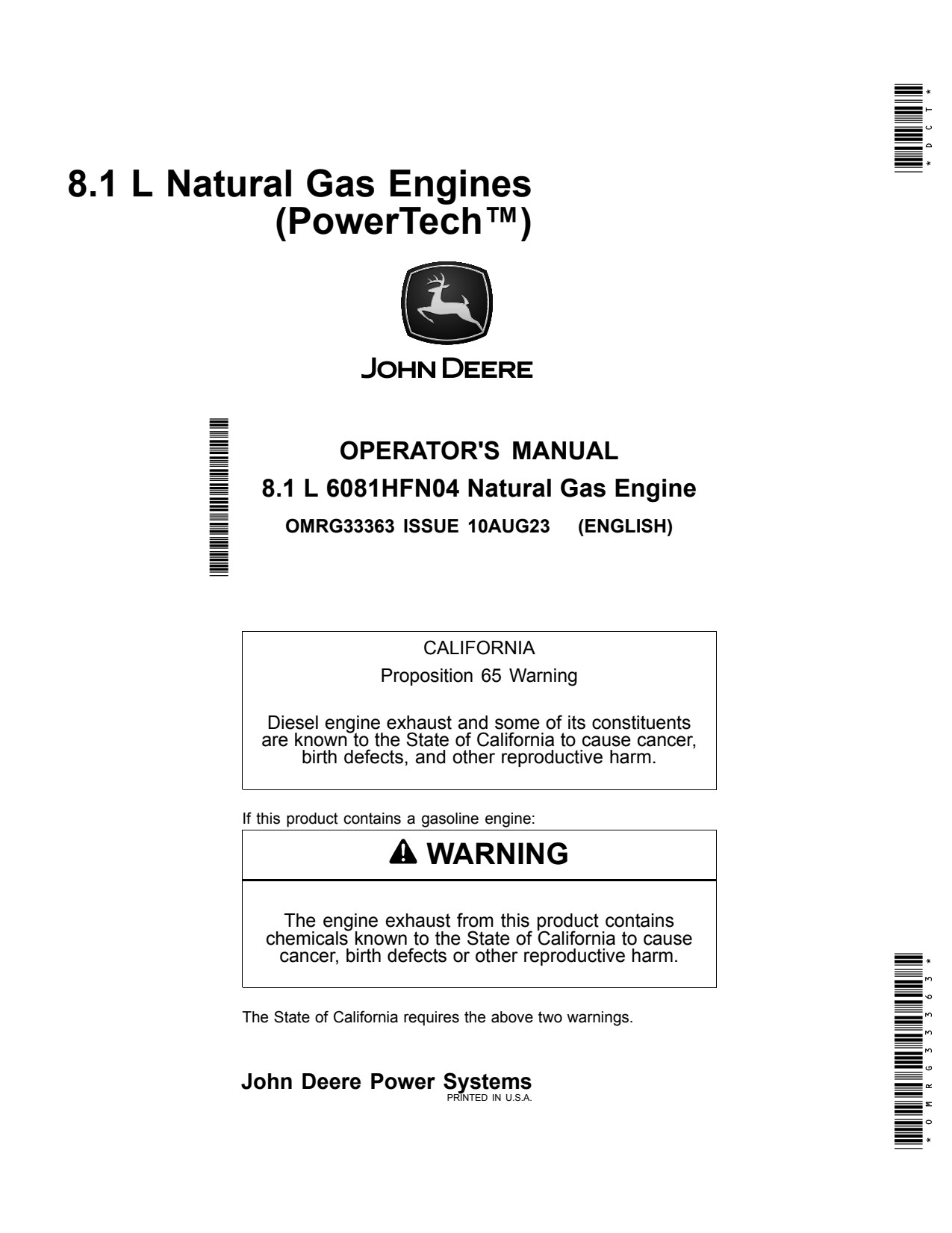 John Deere 6081 8.1L 6081HFN04 Natural Gas Engine Operator Manual OMRG33363 1 John Deere 6081 8.1L 6081HFN04 Natural Gas Engine Operator Manual OMRG33363