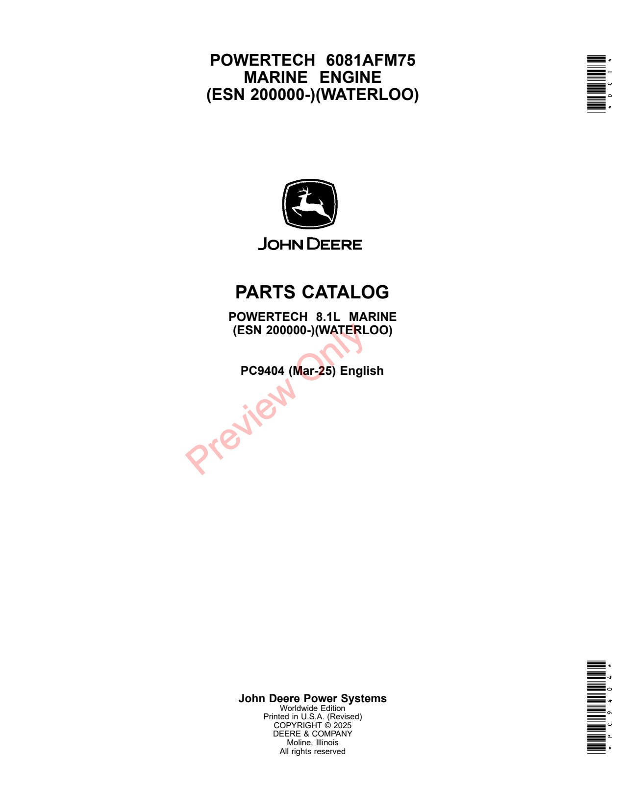 John Deere 6081AFM75 1L Marine Engine Parts Catalog PC9404 1 John Deere 6081AFM75 1L Marine Engine Parts Catalog PC9404