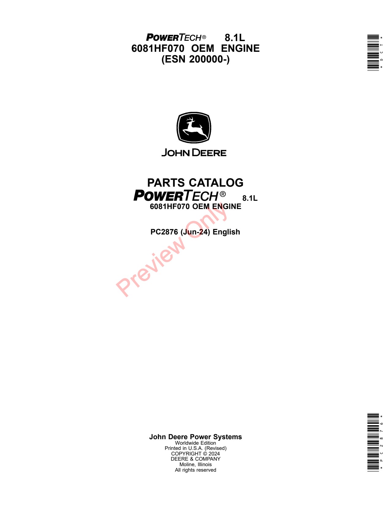 John Deere 6081HF070 1L OEM Engine Parts Catalog PC2876 1 John Deere 6081HF070 1L OEM Engine Parts Catalog PC2876