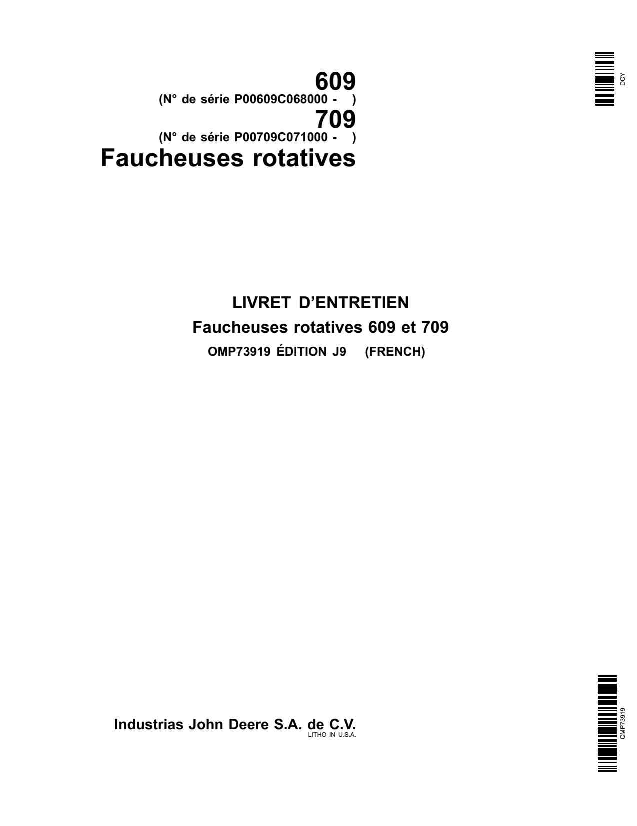 John Deere 609 709 Rotary Cutter Operator Manual OMP73919 FR 1 John Deere 609 709 Rotary Cutter Operator Manual OMP73919 FR