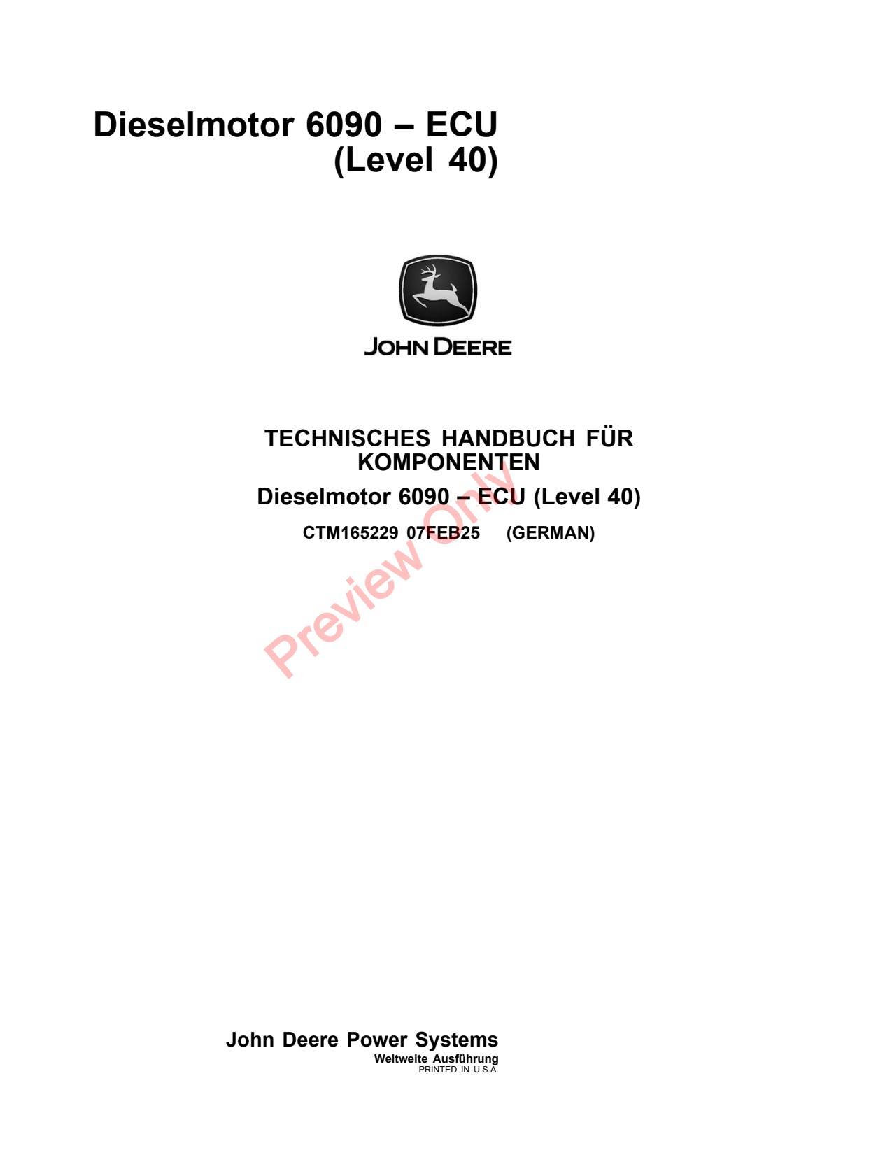 John Deere 6090 40 Diesel Engine Component Technical Manual CTM165229 DE 1 John Deere 6090 40 Diesel Engine Component Technical Manual CTM165229 DE