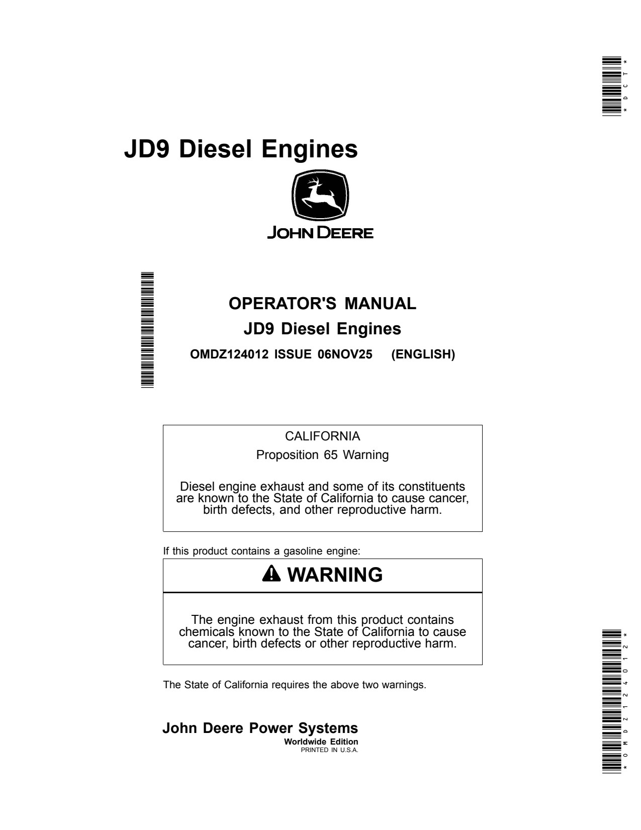 John Deere 6090 9.0L 6090WG501 JD9 Diesel Engine Operator Manual OMDZ124012 1 John Deere 6090 9.0L 6090WG501 JD9 Diesel Engine Operator Manual OMDZ124012