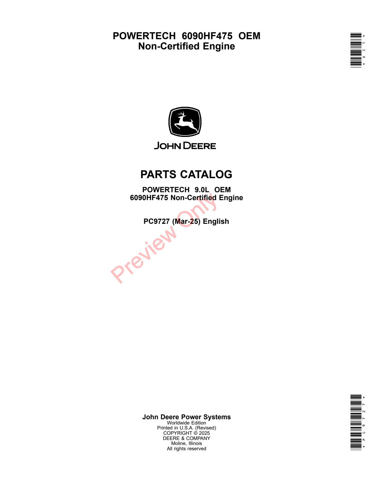 John Deere 6090HF475 0L OEM Non-certified Engine Parts Catalog PC9727 1 John Deere 6090HF475 0L OEM Non-certified Engine Parts Catalog PC9727