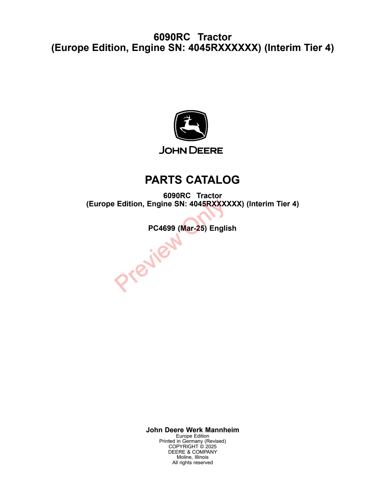 John Deere 6090RC Tractor Parts Catalog PC4699 1 John Deere 6090RC Tractor Parts Catalog PC4699