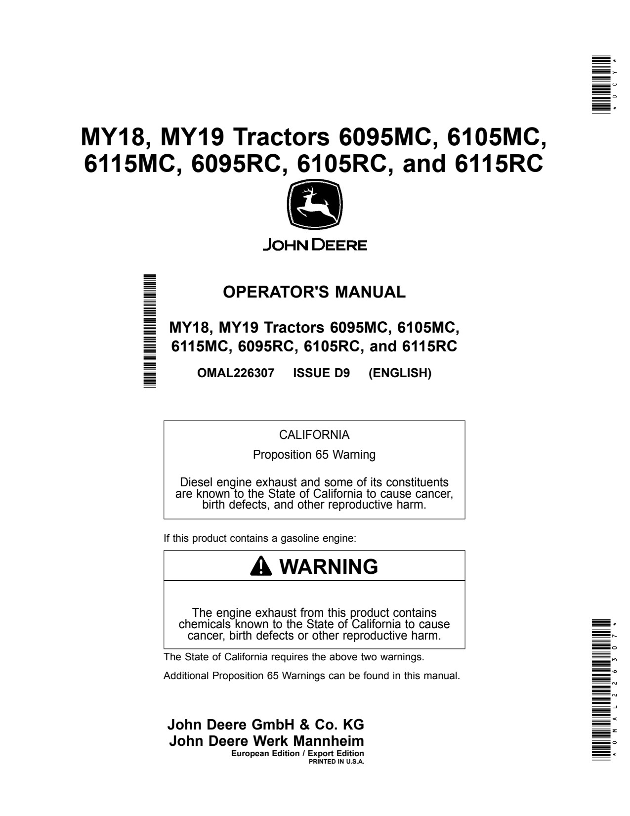 John Deere 6095RC 6095MC 6105MC 6115MC 6105RC 6115RC Tractor Operator Manual OMAL226307 1 John Deere 6095RC 6095MC 6105MC 6115MC 6105RC 6115RC Tractor Operator Manual OMAL226307