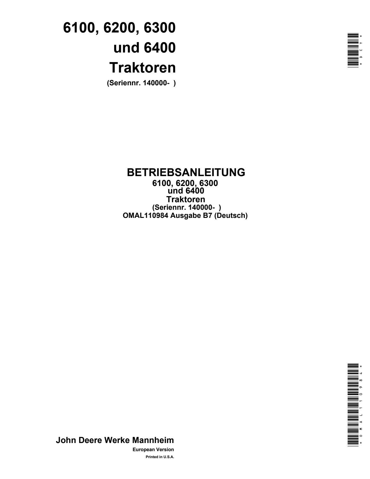 John Deere 6100 to 6400 Tractor Operator Manual OMAL110984 DE 1 John Deere 6100 to 6400 Tractor Operator Manual OMAL110984 DE