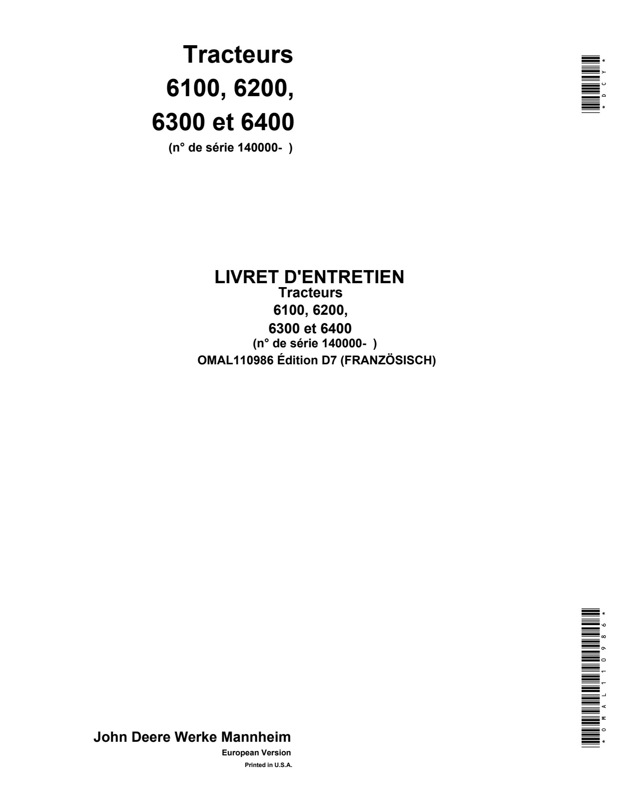 John Deere 6100 to 6400 Tractor Operator Manual OMAL110986 FR 1 John Deere 6100 to 6400 Tractor Operator Manual OMAL110986 FR
