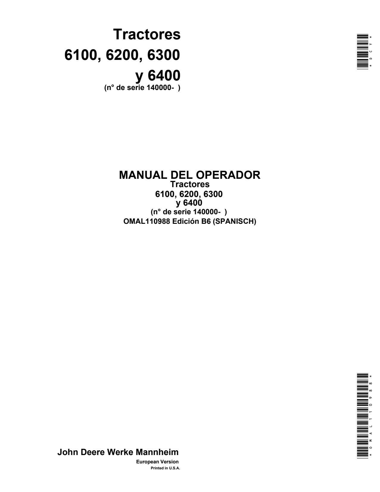 John Deere 6100 to 6400 Tractor Operator Manual OMAL110988 ES 1 John Deere 6100 to 6400 Tractor Operator Manual OMAL110988 ES