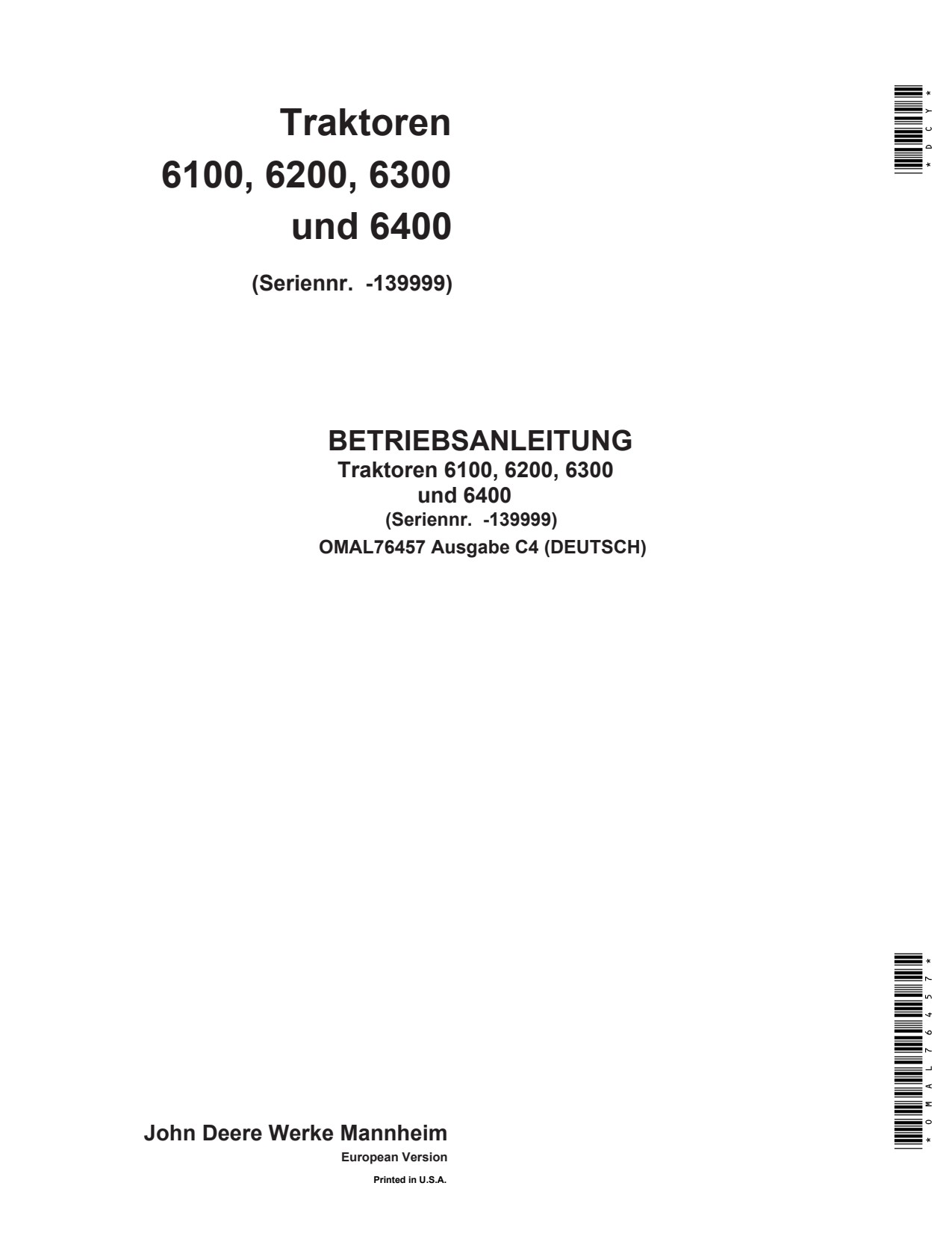John Deere 6100 to 6400 Tractor Operator Manual OMAL76457 DE 1 John Deere 6100 to 6400 Tractor Operator Manual OMAL76457 DE